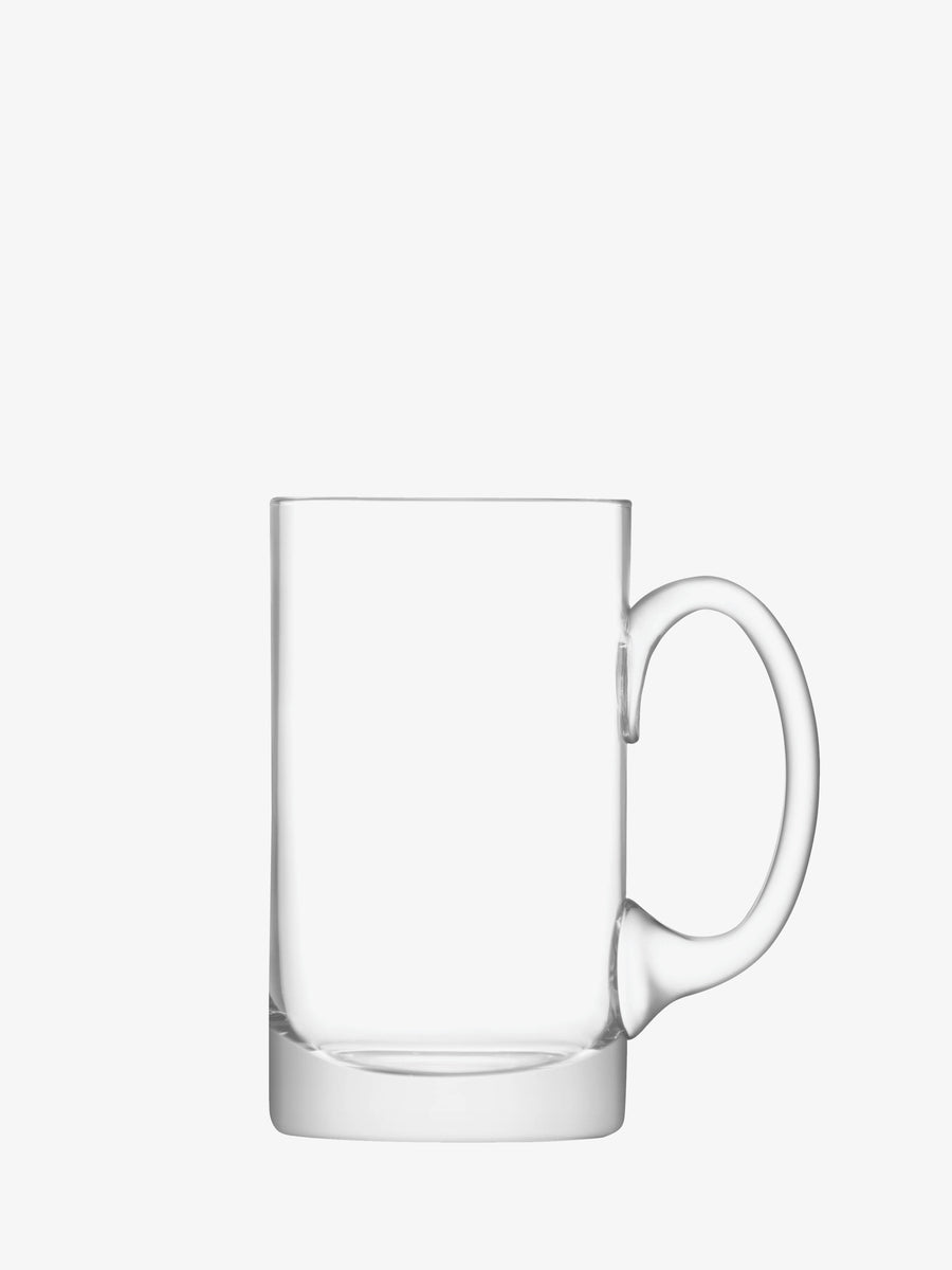 A clear, empty mouth-blown Beer Tankard by lsa-international with a handle, displayed on a plain white background.