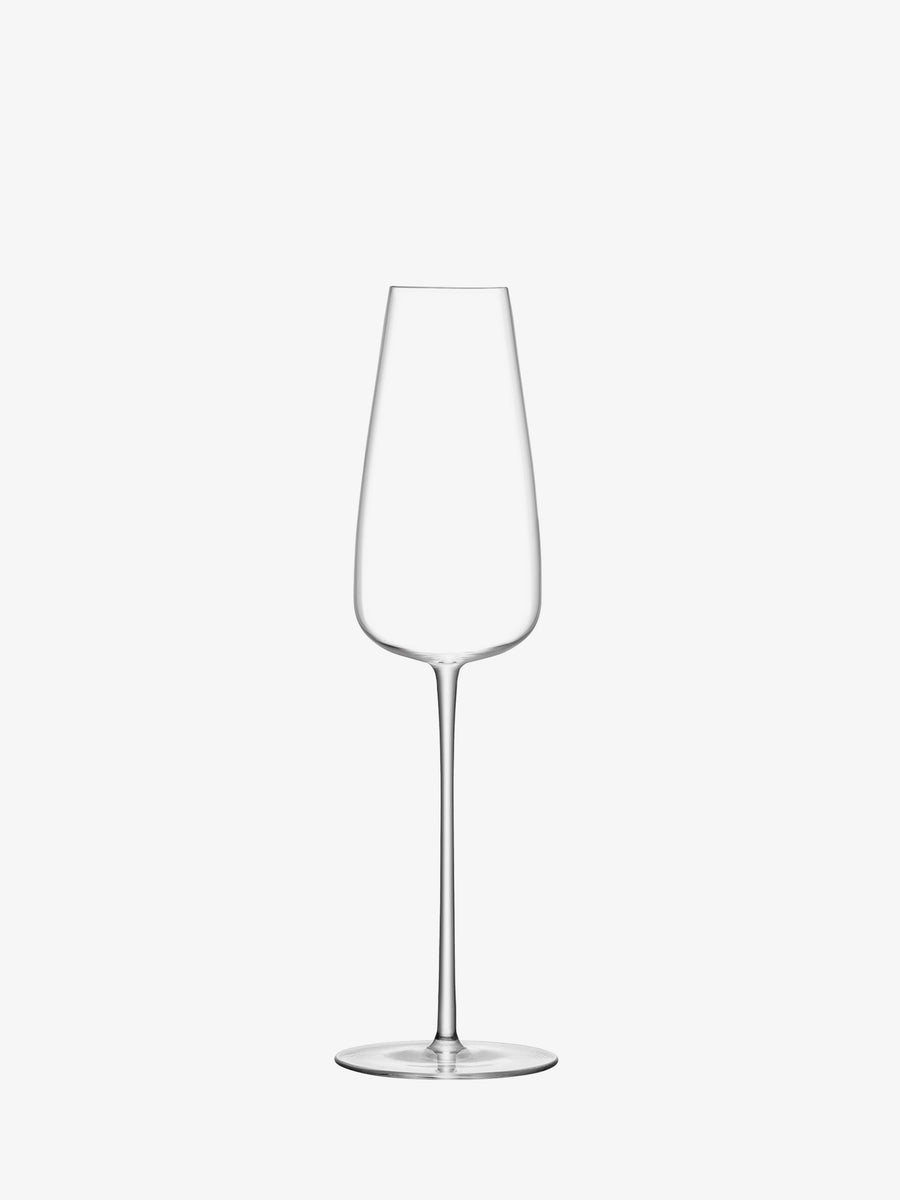 A lsa-international Champagne Flute, featuring a clear bowl with a slight taper and an elegant long stem, is shown empty against a plain white background.