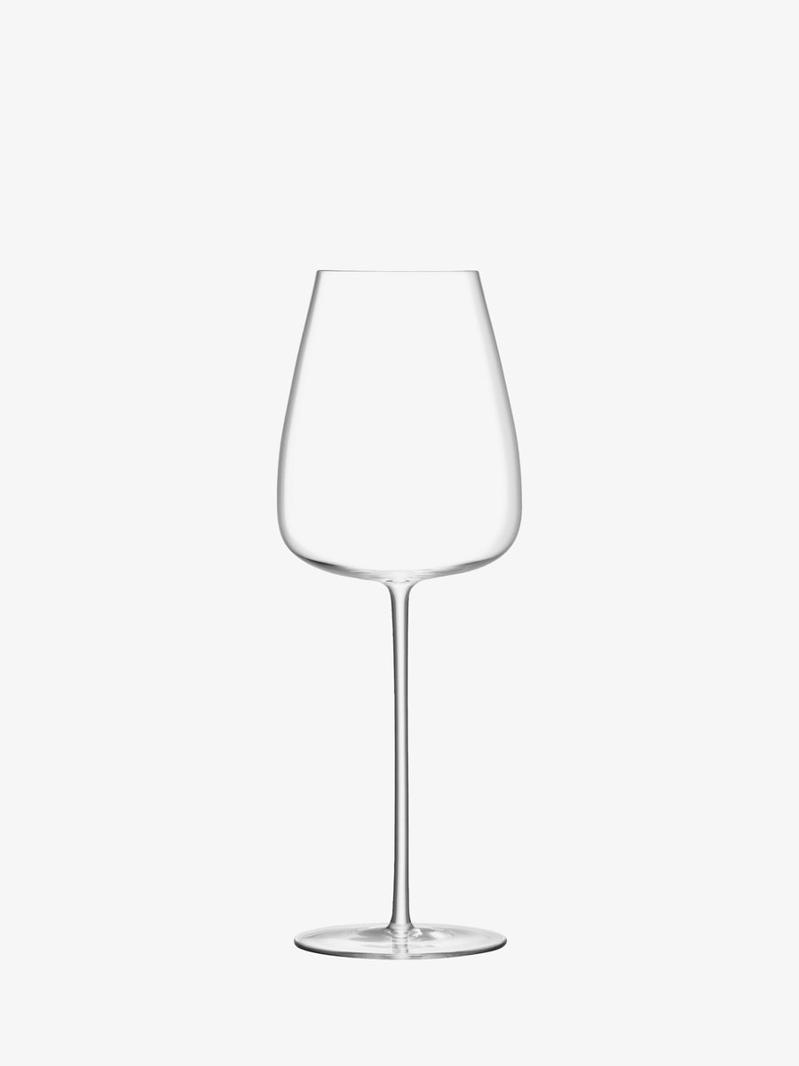 A single lsa-international White Wine Goblet, featuring a long stem and expertly handcrafted in a modern style, is centered on a plain white background.