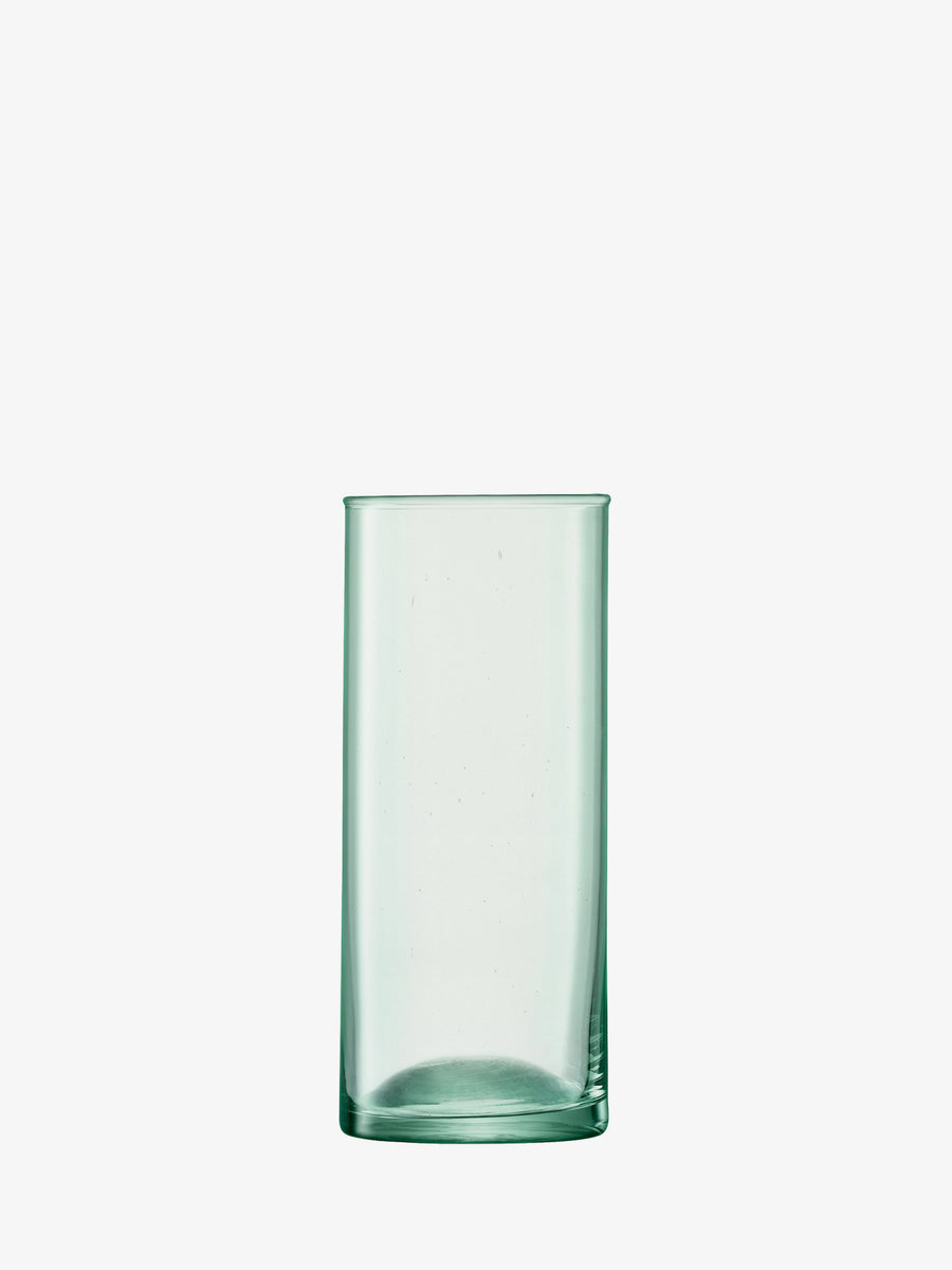 A single lsa-international Beer Glass—clear, cylindrical, and subtly green-tinted from its recycled glass construction—stands centered against a plain white background, highlighting its sustainable design.