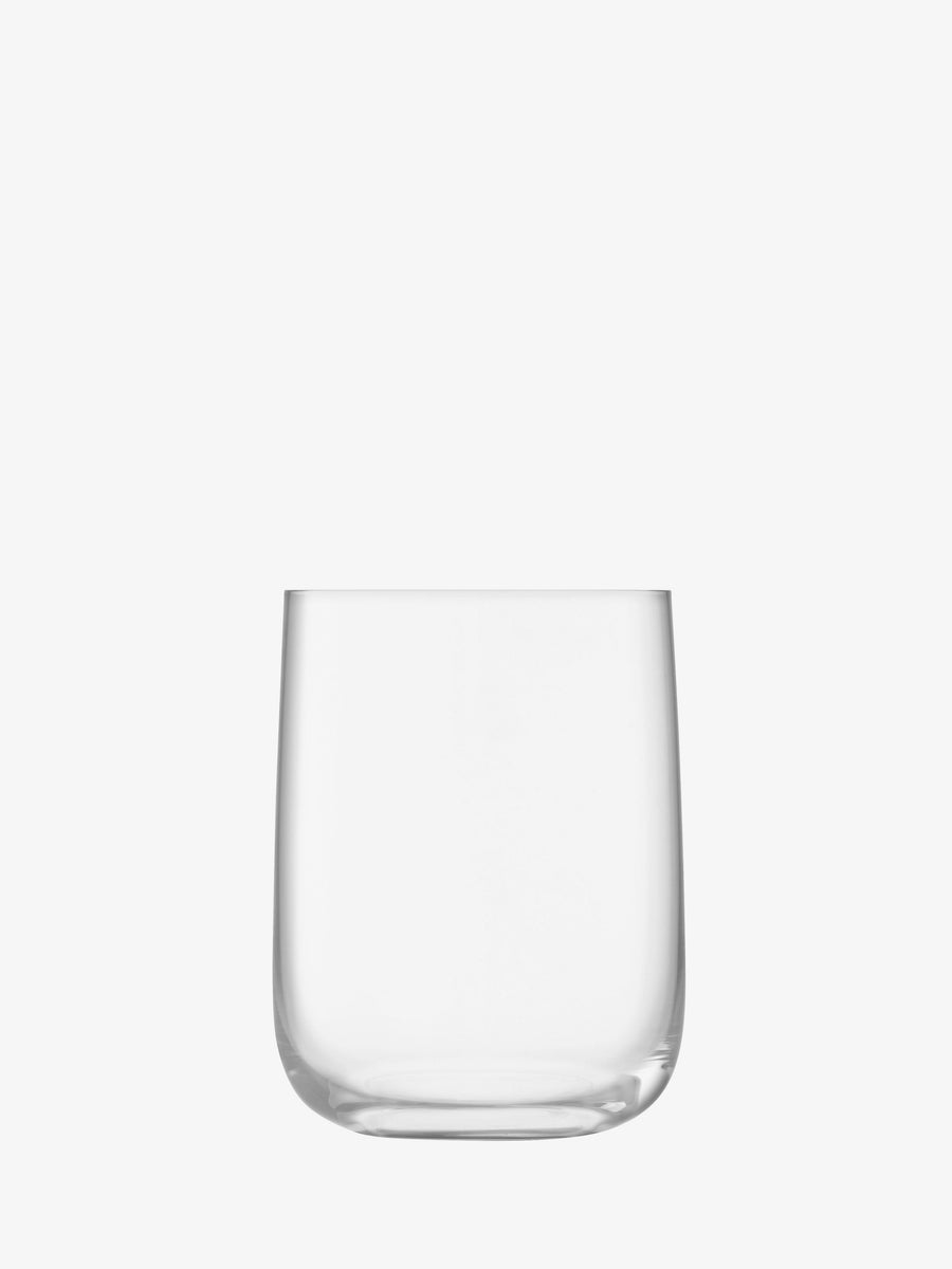 A clear, empty lsa-international Bar Glass, stemless and crystalline, is centered on a plain white background.