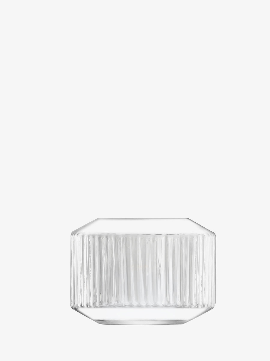 A clear, mouth-blown LSA International Tealight Holder/Vase featuring a ridged, corrugated texture and a vertical-striped pattern.