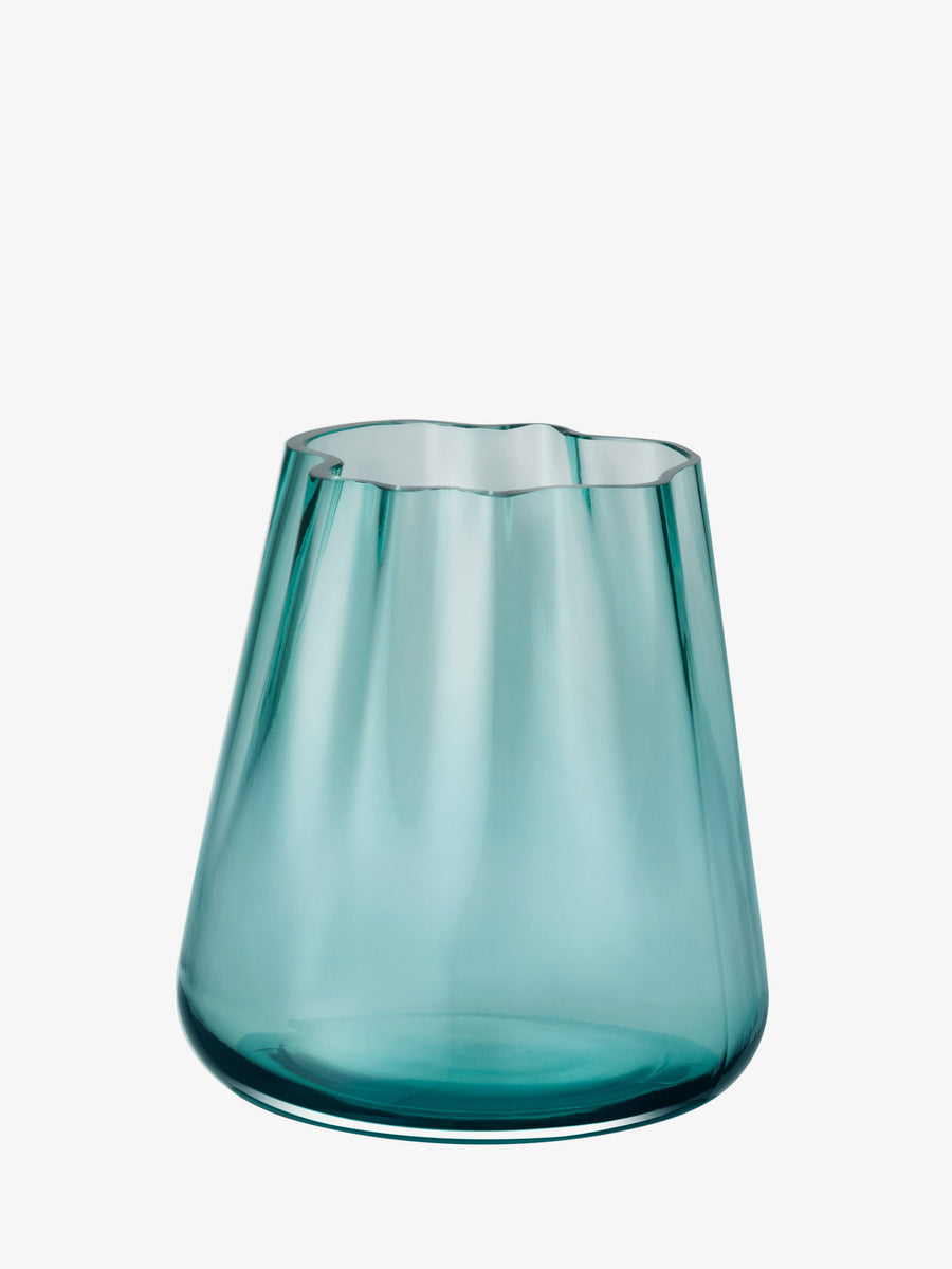 The lsa-international Vase/Lantern features a translucent blue-green hue, mouth-blown glass with a wide base, softly tapering sides, and an uneven, wavy rim reminiscent of organic artistry, beautifully showcased against a plain white background.