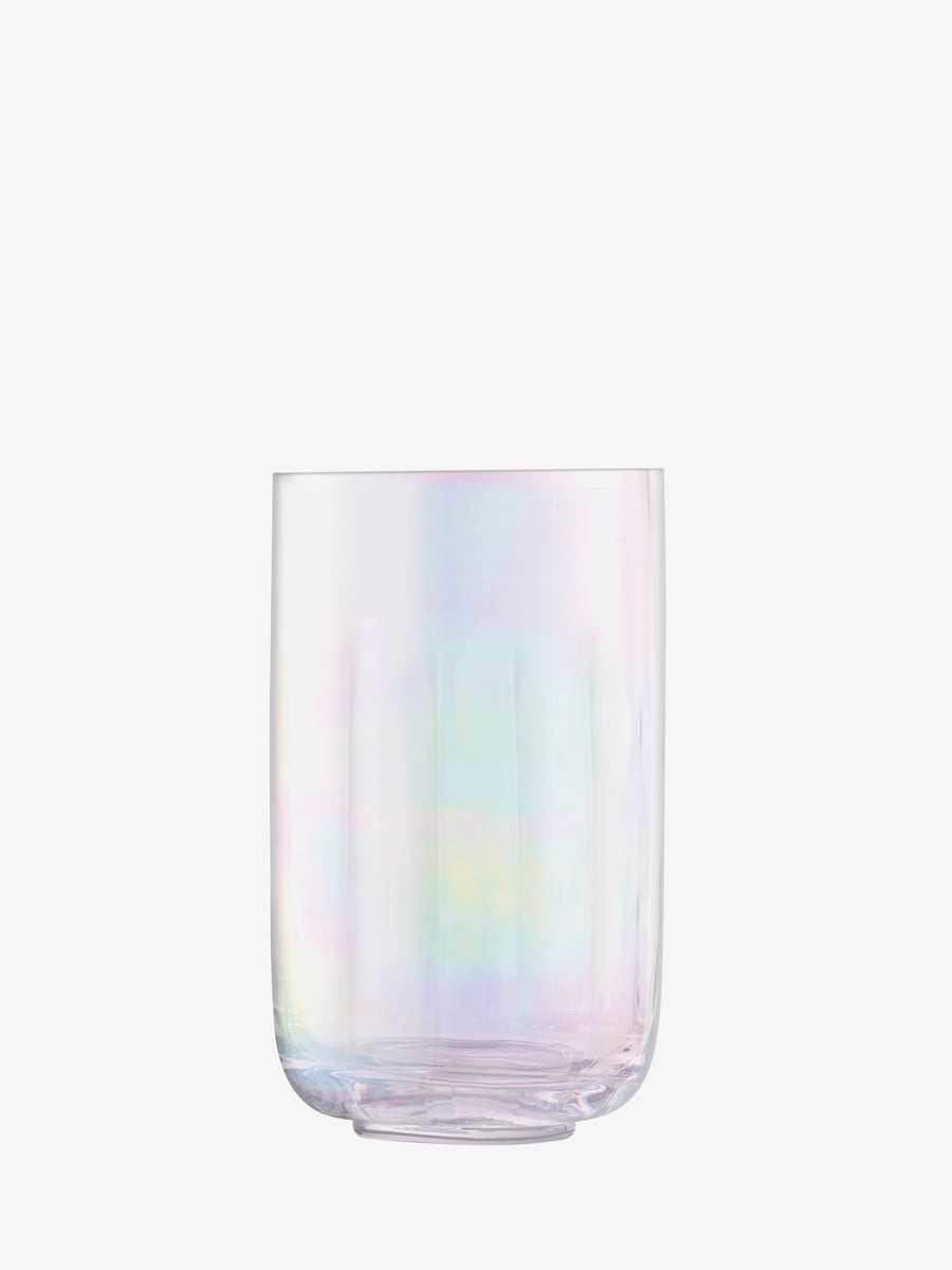 An LSA International Lantern/Vase in clear, cylindrical glass with an iridescent finish.