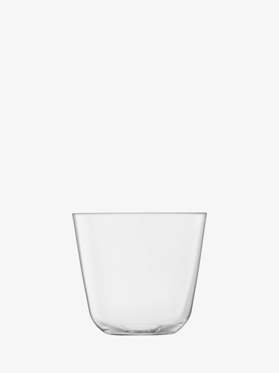A clear Tumbler by lsa-international, crafted from lead-free glass, features a slightly tapered shape and sits against a plain white background, highlighting its sleek and versatile drinkware design.