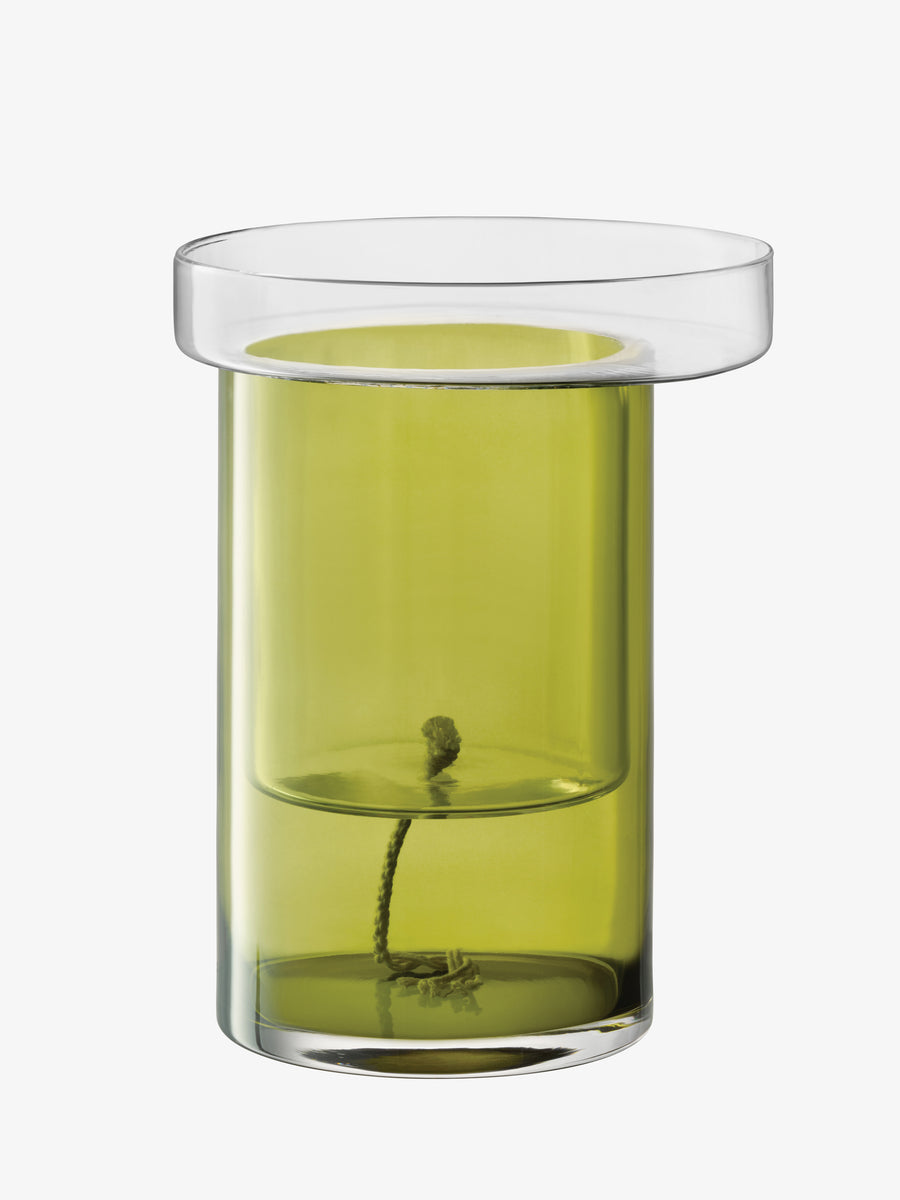 LSA International Self Watering Planter made of clear glass with a green inner reservoir and a central wick for efficient indoor planting.