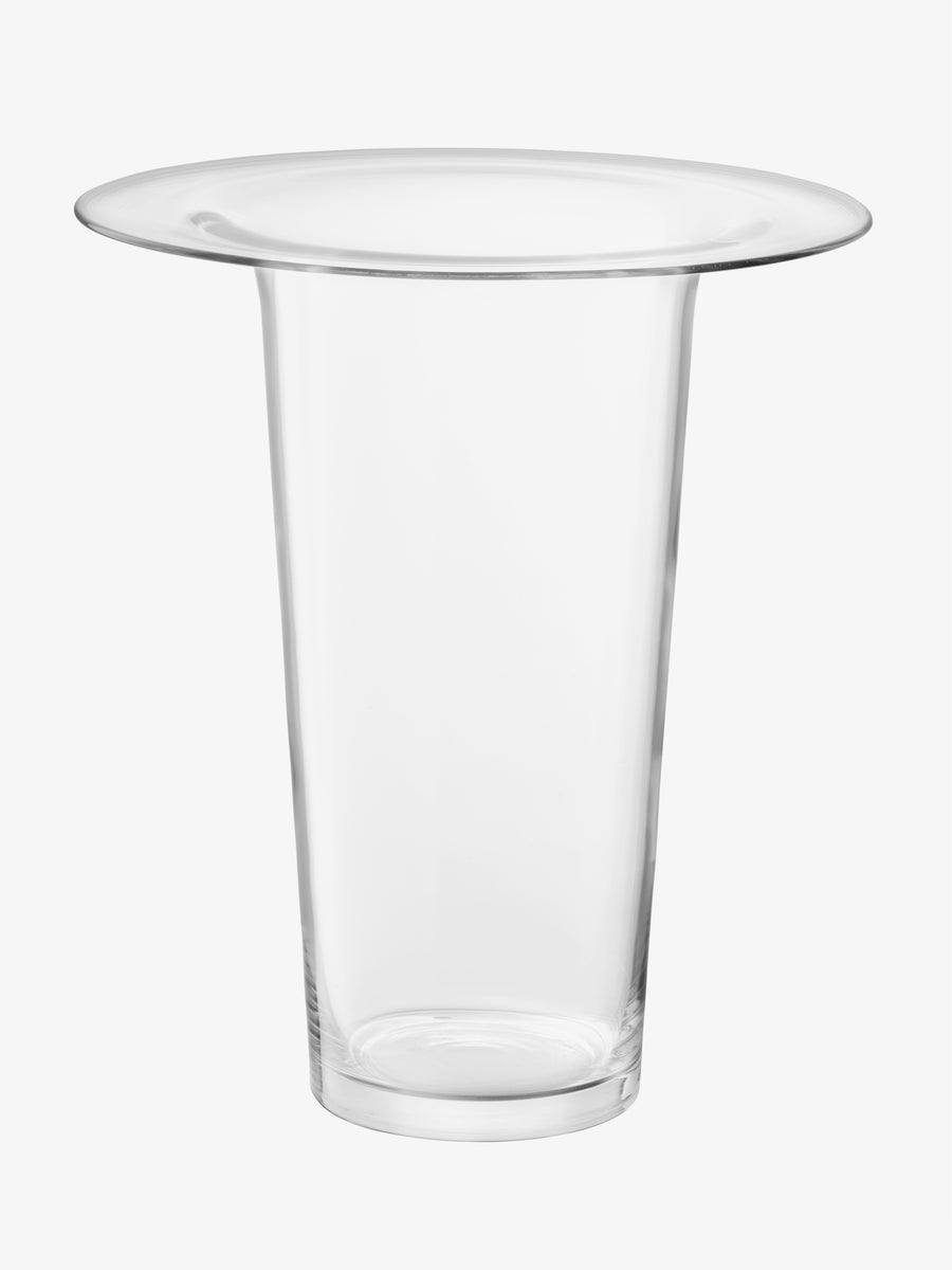 A large, mouth-blown clear glass Vase/Lantern by LSA International with a wide, flat rim and a tapered body, ideal for statement flower arrangements.