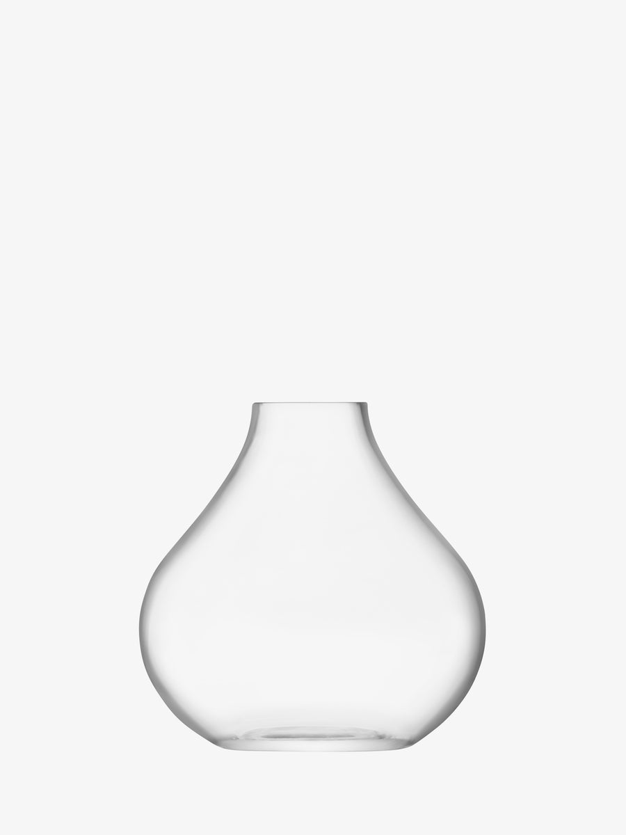 The lsa-international Sprig Vase features a clear, bulb-shaped mouth-blown design with a wide rounded base and a narrow opening, pictured against a plain white background.