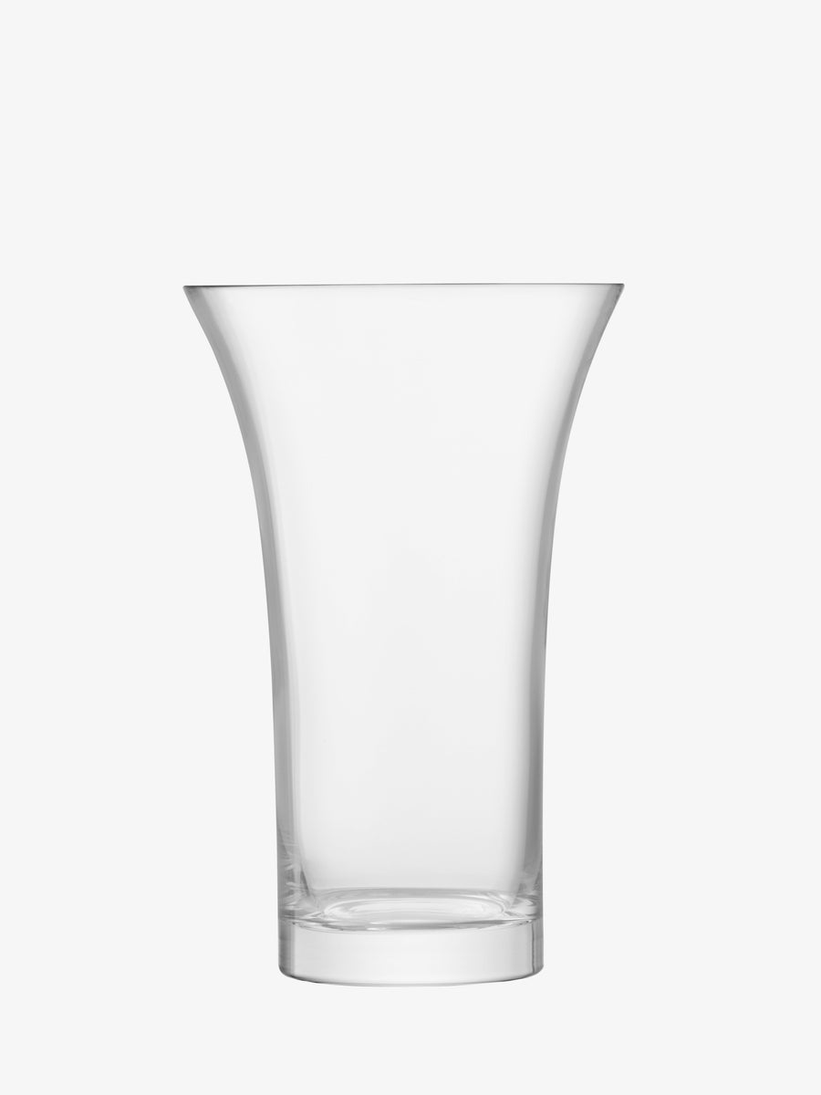 The lsa-international Flared Bouquet Vase is a clear, mouth-blown glass vase featuring a wide, flared rim and a narrow base, presented against a plain white background.