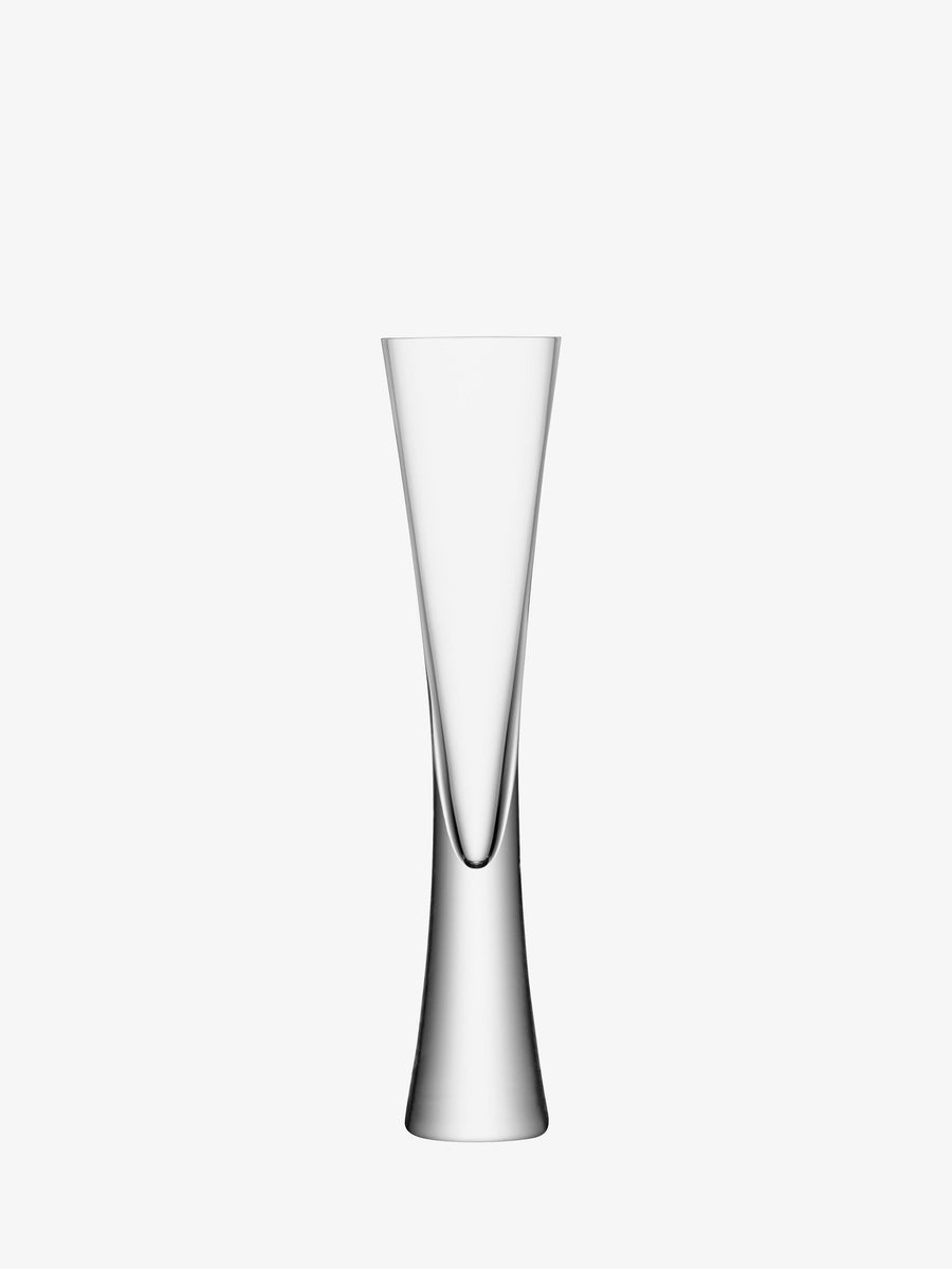 A tall, clear, and narrow lsa-international Champagne Flute glass featuring a modern, flared design reminiscent of mouth-blown craftsmanship, displayed against a plain white background.