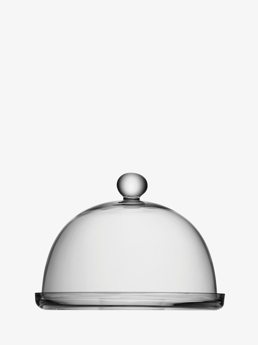 The lsa-international Dome & Plate features a clear handmade glass dome with a round knob handle, resting atop a matching glass plate, all presented against a plain white background.