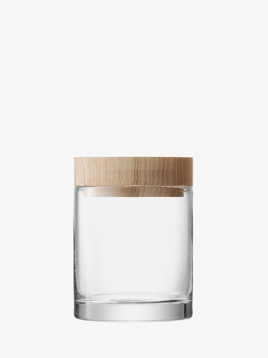 A clear, mouth-blown glass Container by lsa-international, featuring a sustainably sourced light ash lid, is displayed empty and centered against a plain white background—ideal for stylish storage or display.
