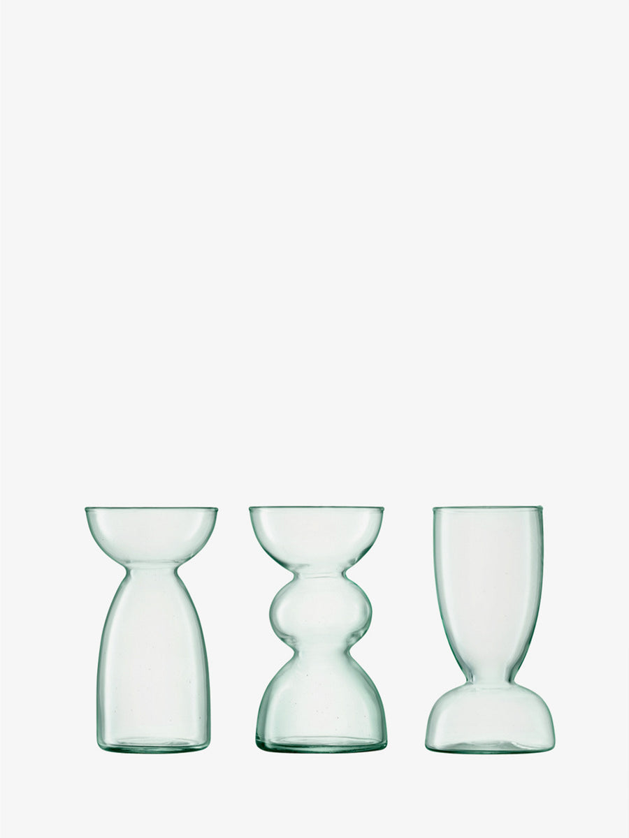 The lsa-international Trio Vase Set features three clear glass vases, each with a distinct hourglass-inspired silhouette, displayed side by side against a plain white background.