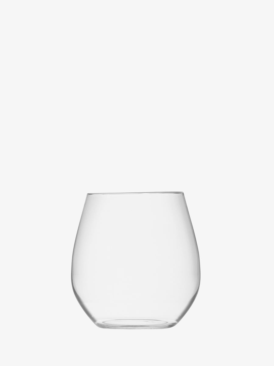 A Stemless White Wine glass by lsa-international, featuring fine rims and a rounded bowl shape, is centered on a plain white background.