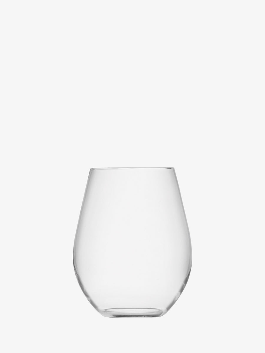 A clear and empty lsa-international Stemless Red Wine glass is centered on a plain white background, highlighting the elegant simplicity of modern stemless glassware.