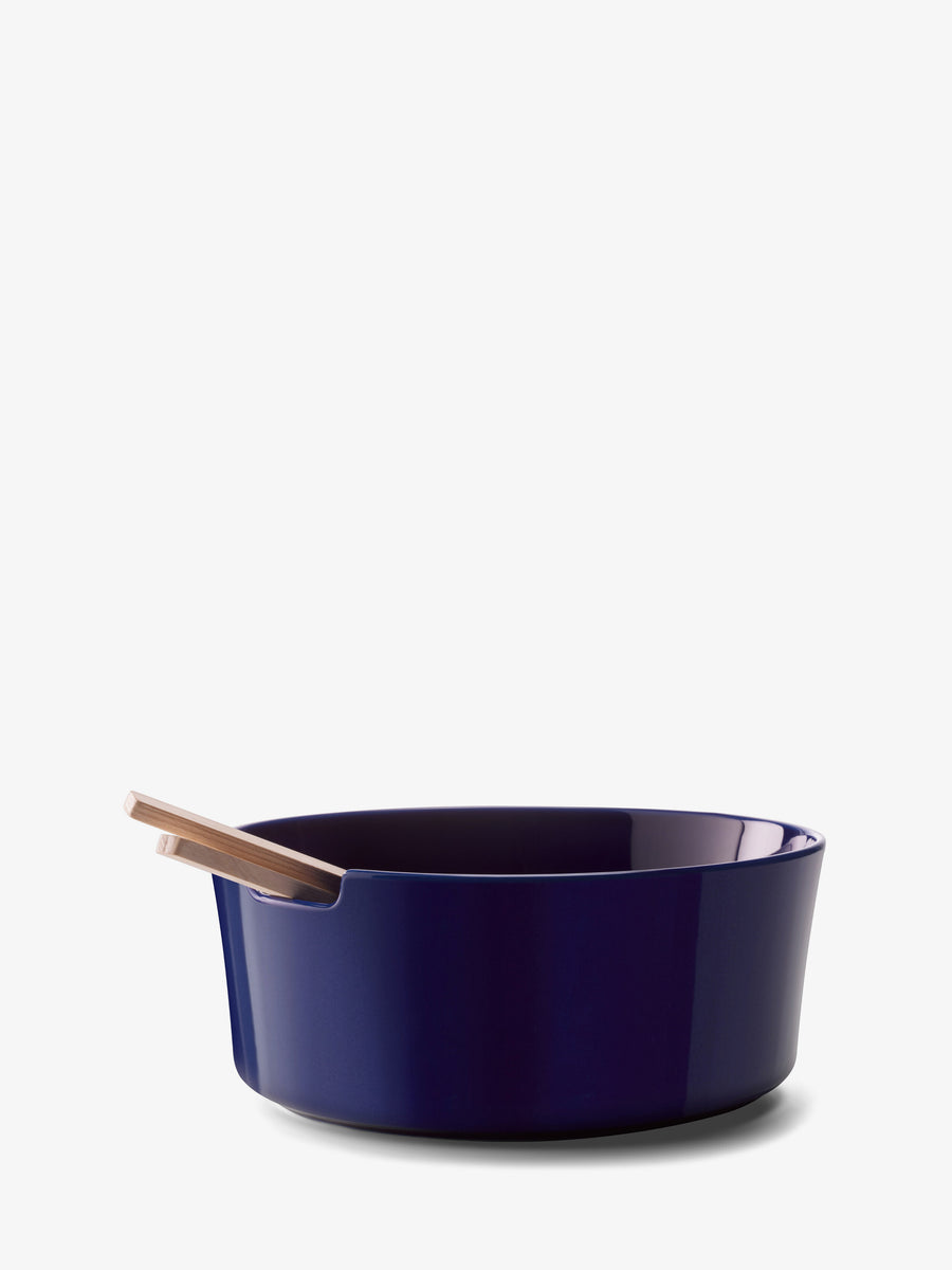 A deep, round, dark blue porcelain Salad Bowl & Ash Servers by lsa-international, featuring light wooden handles and set against a white background.