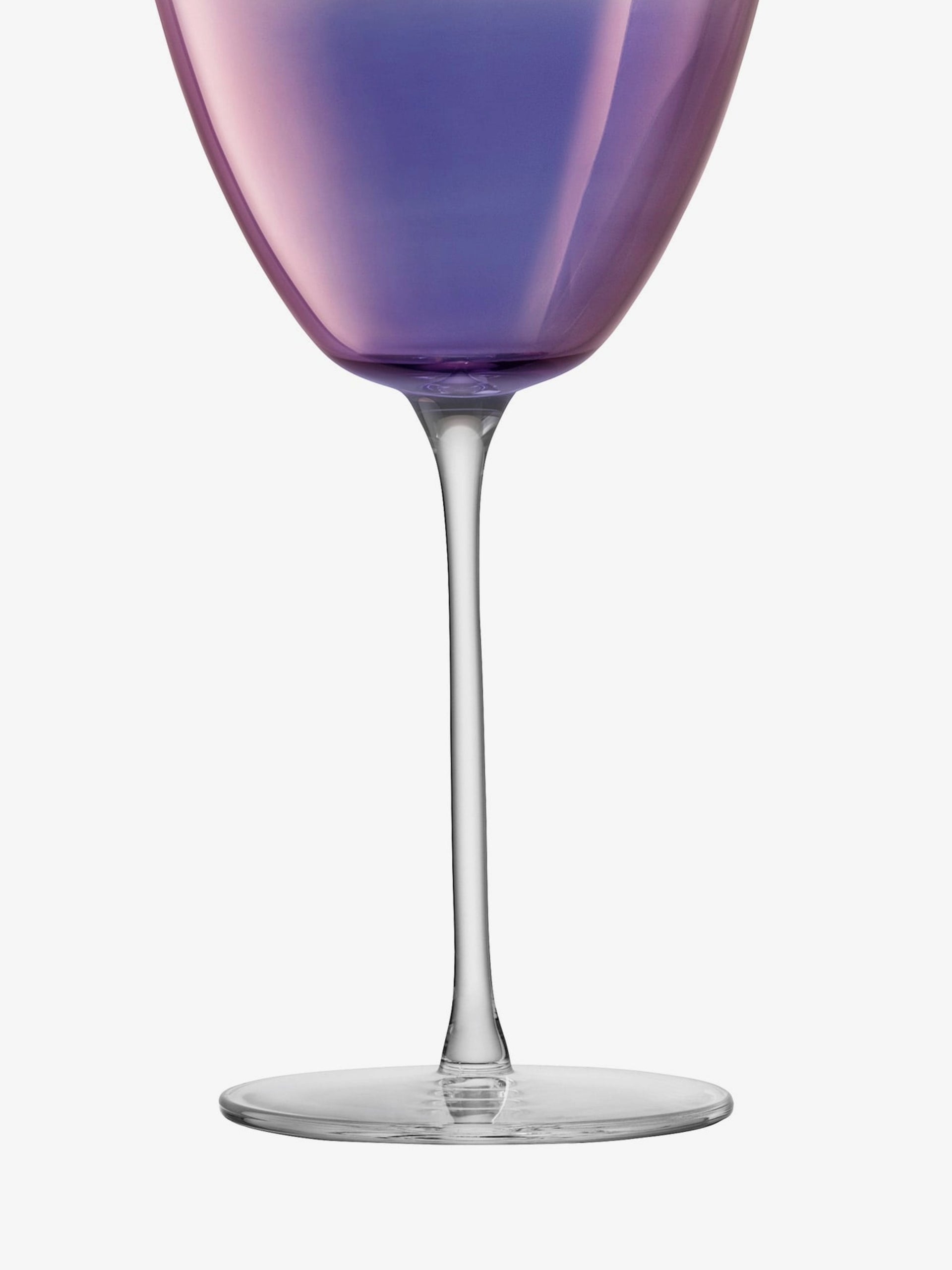 Close-up of the stem and base of a clear wine glass with a bowl reflecting purple and pink hues, set against a plain white background.