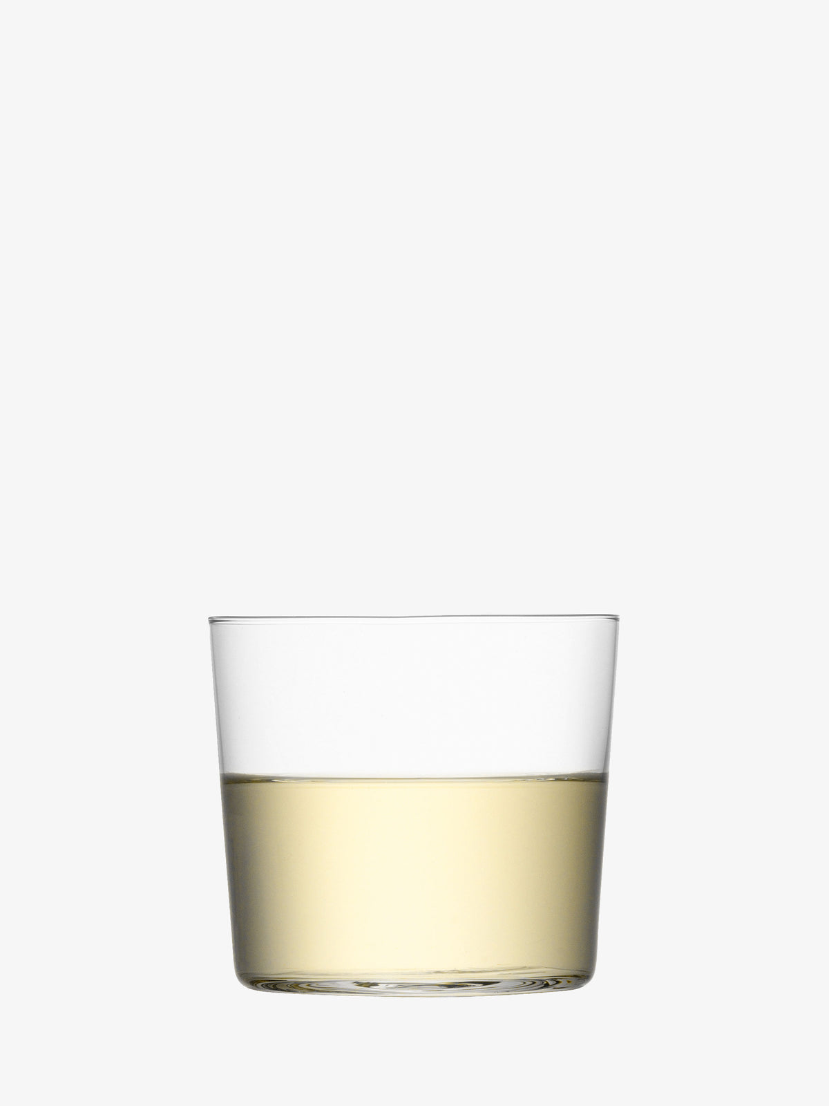 A clear glass Gio tumbler from LSA International containing some white wine, centered against a solid white background.