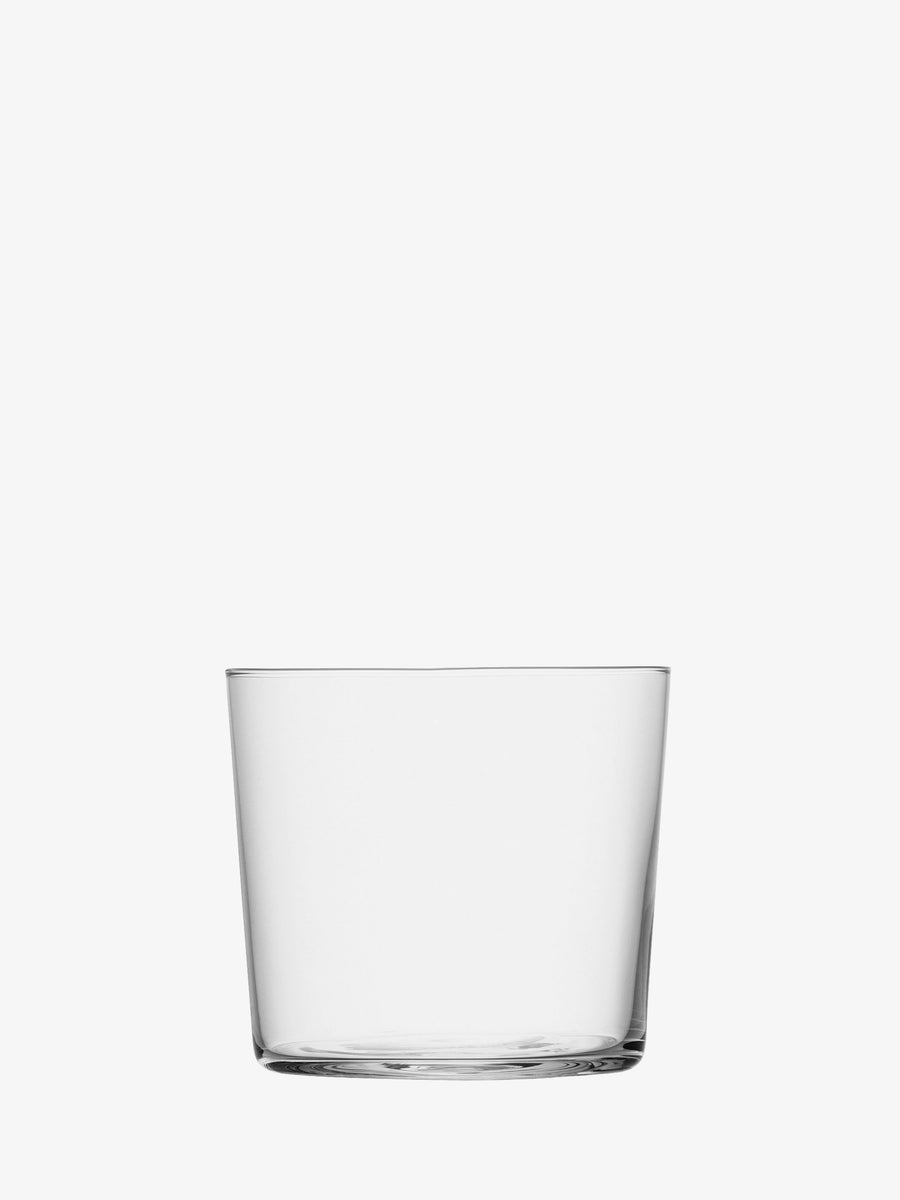 A clear, empty, cylindrical glass tumbler from the lsa-international Tumbler (Low) collection is centered against a plain white background.