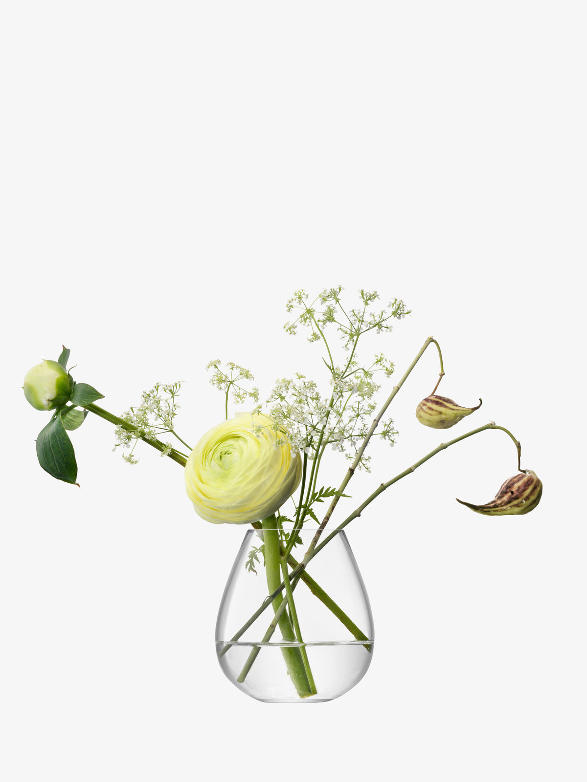 The Mini Table Vase by lsa-international showcases a yellow ranunculus, green buds, delicate white filler flowers, and two dried seed pods arranged against a white backdrop—an elegant display reminiscent of charming mini posies.