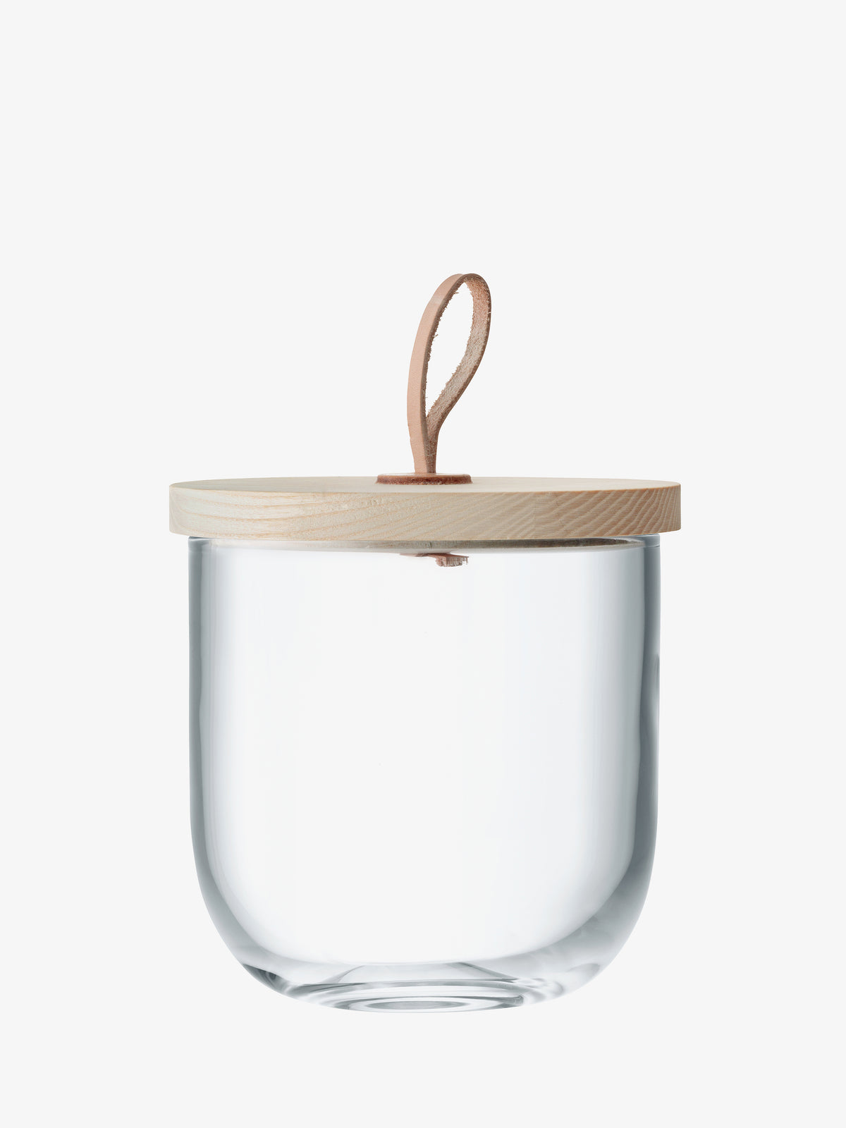 LSA International Container & Ash Lid: a clear glass storage jar with a sustainably-sourced ash lid and a leather pull tab.
