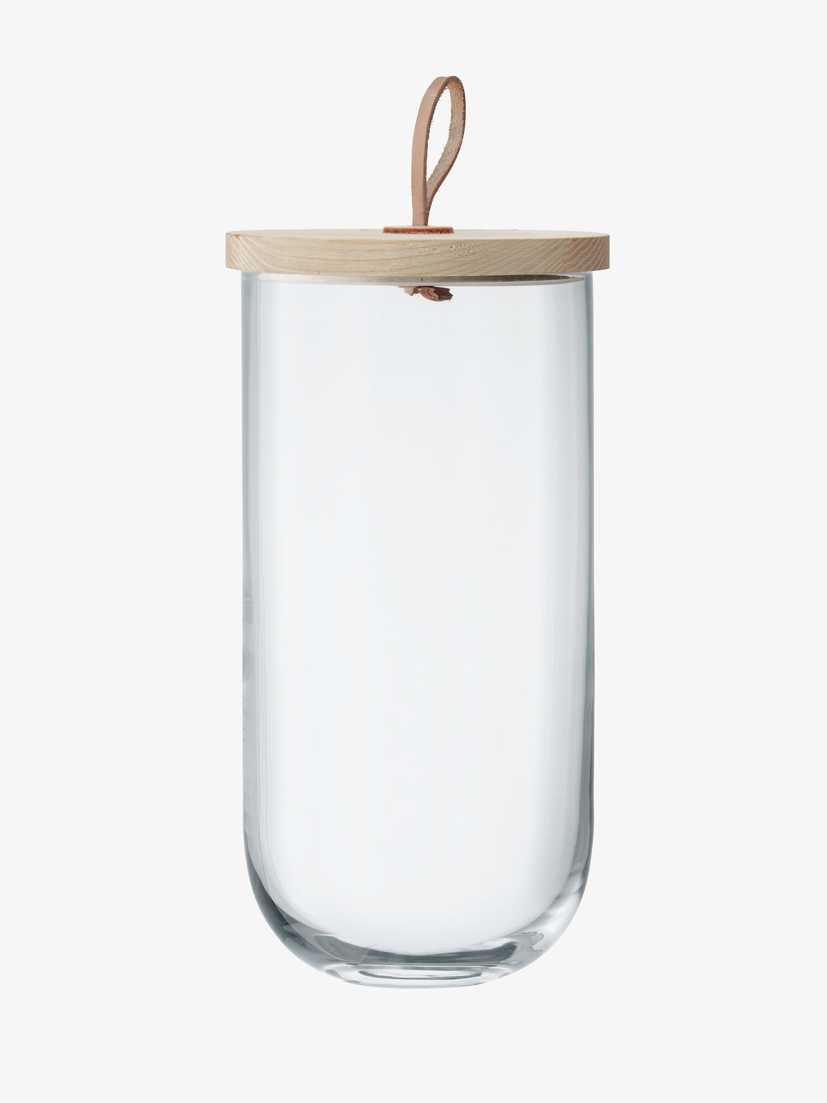 LSA International Container & Ash Lid: a mouth-blown glass cylindrical jar with a sustainably-sourced ash lid and a leather loop handle.