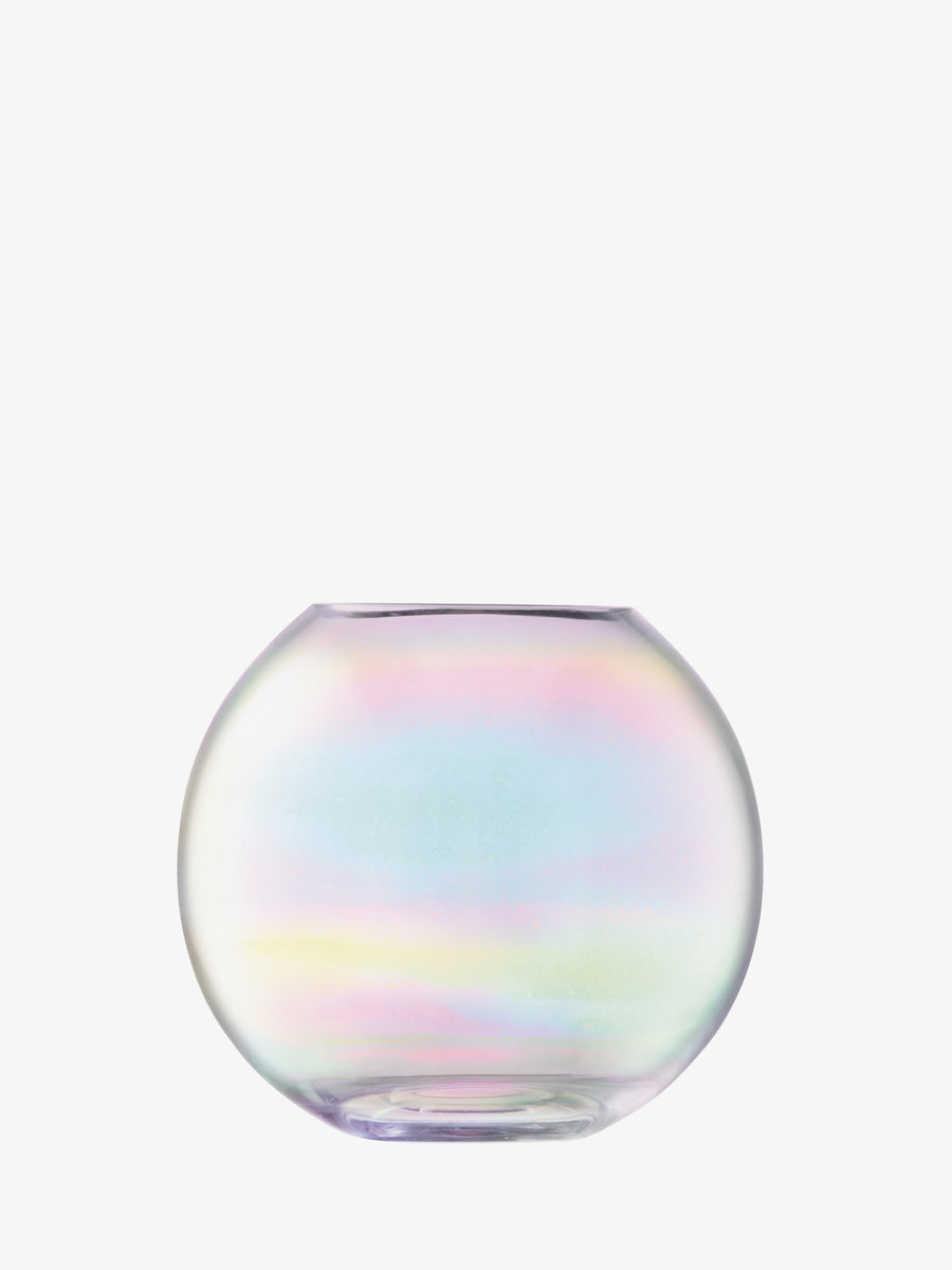 A round, iridescent, mouth-blown LSA International Vase.