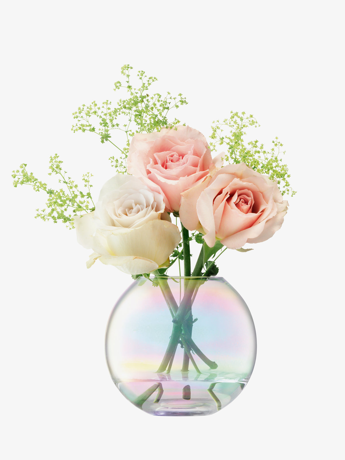 A bouquet of three pale pink roses and delicate green filler flowers in an lsa-international Vase.