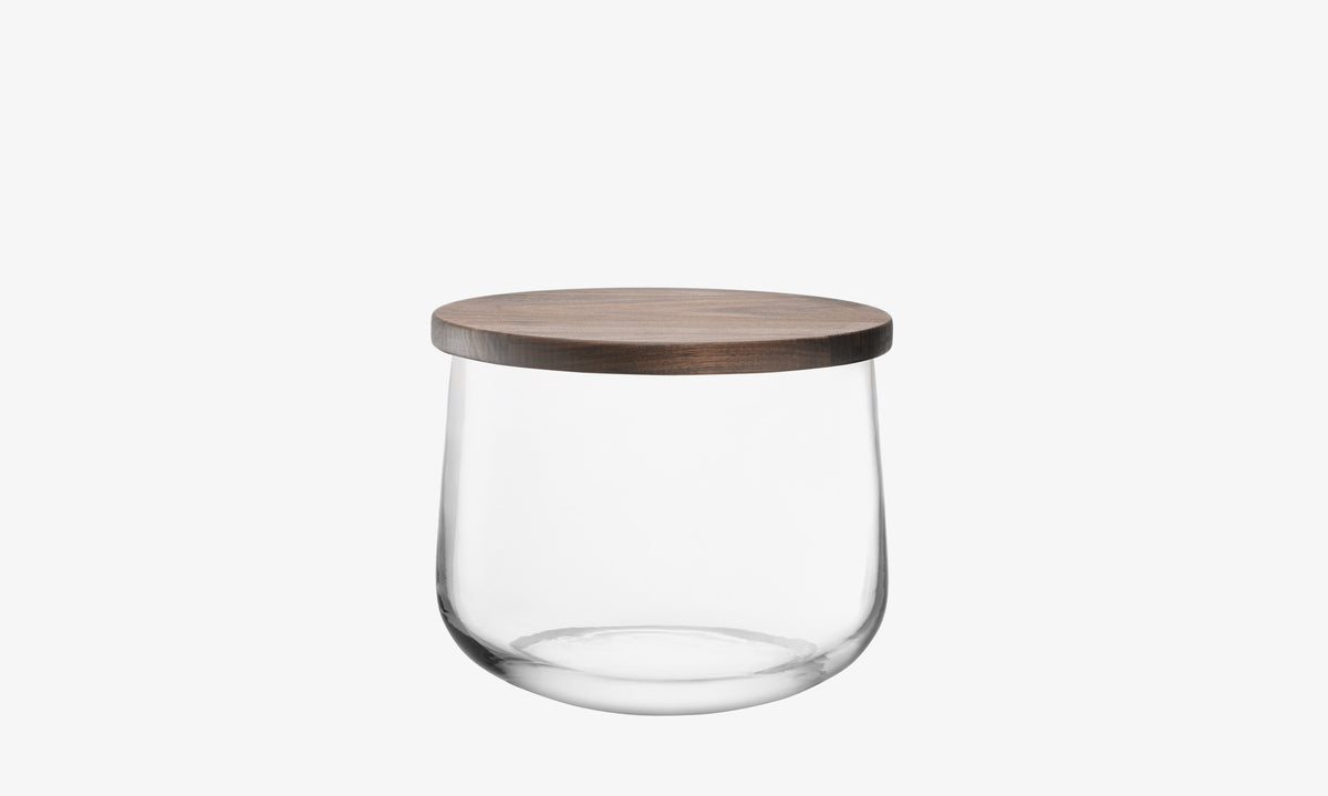 The lsa-international Bowl & Walnut Lid, a clear glass jar with a round, flat walnut lid, is set against a plain white background.