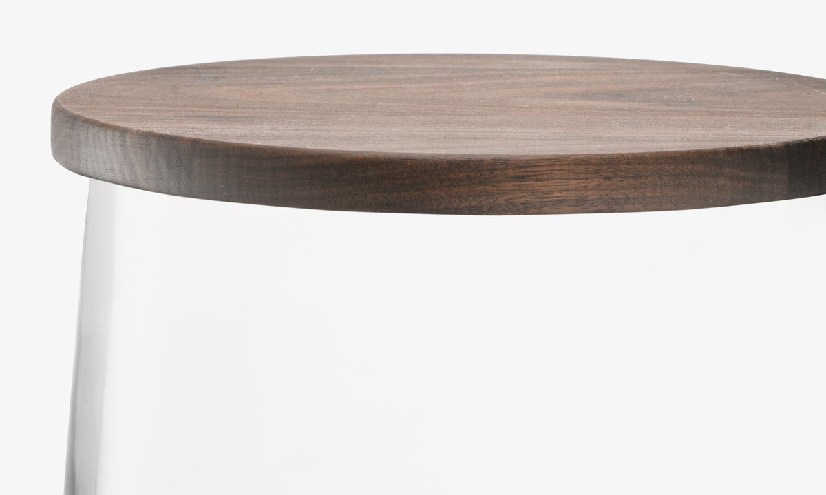 A close-up of the lsa-international Bowl & Walnut Lid, featuring the round walnut lid on a clear glass bowl against a plain white background.