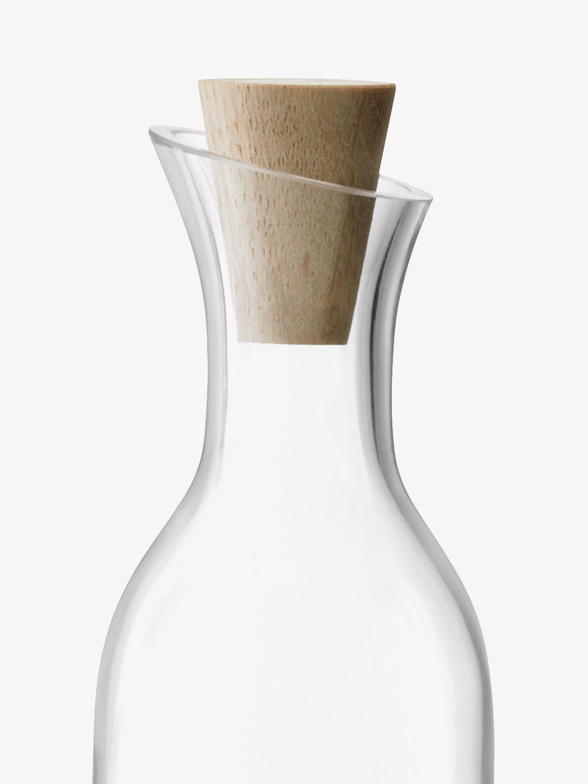 A close-up of the lsa-international Oil & Vinegar Set & Oak Base, featuring a clear mouth-blown glass carafe with a wide neck and a pale oak stopper, perfect for serving oil and vinegar, set against a plain white background.