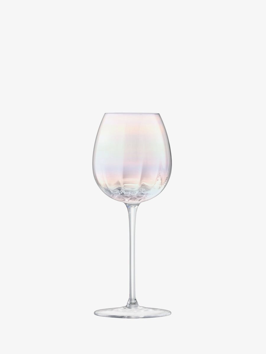 A single LSA International White Wine Glass, mouth-blown with a long stem and an iridescent lustre, is showcased against a plain white background.
