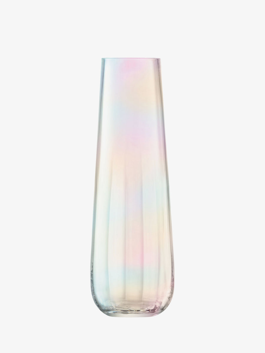 The lsa-international Vase features a tall, clear glass design with a teardrop shape and a subtle iridescent finish that reflects soft pastel colors, beautifully showcased against a plain white background.