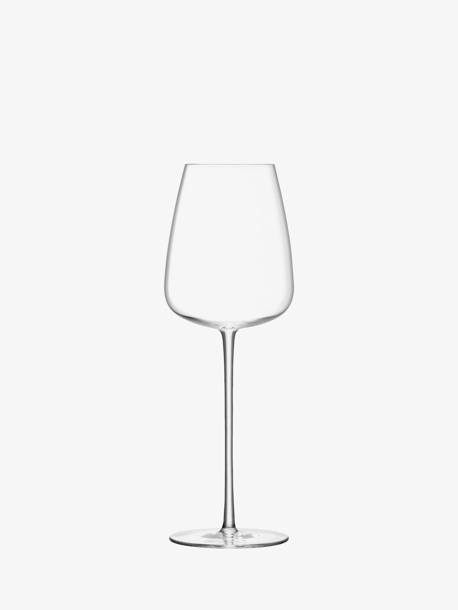 A lsa-international White Wine Glass, featuring a long stem and handcrafted, mouth-blown design for exceptional clarity, displayed against a plain white background.