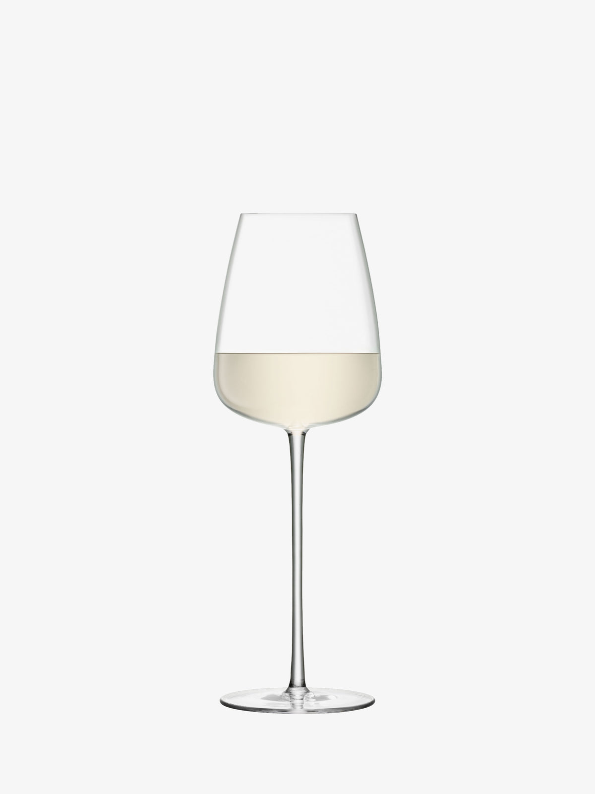 A clear, handcrafted lsa-international White Wine Glass, filled halfway with white wine, is set against a plain white background.