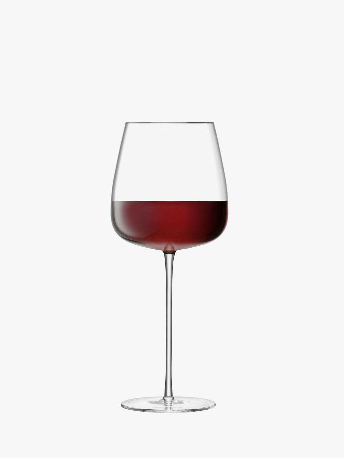 A Red Wine Goblet by lsa-international, mouth blown and hand crafted to perfection, is half-filled with red wine and centered on a plain white background.