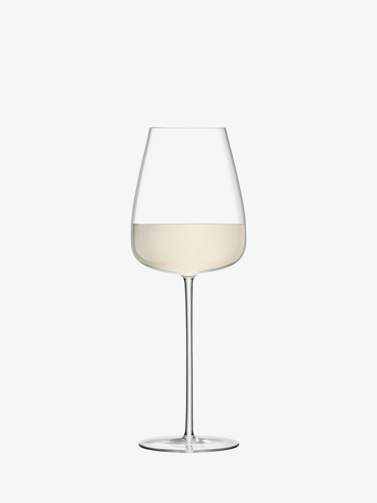 A clear, handcrafted lsa-international White Wine Goblet, half-filled with white wine, stands upright against a plain white background.