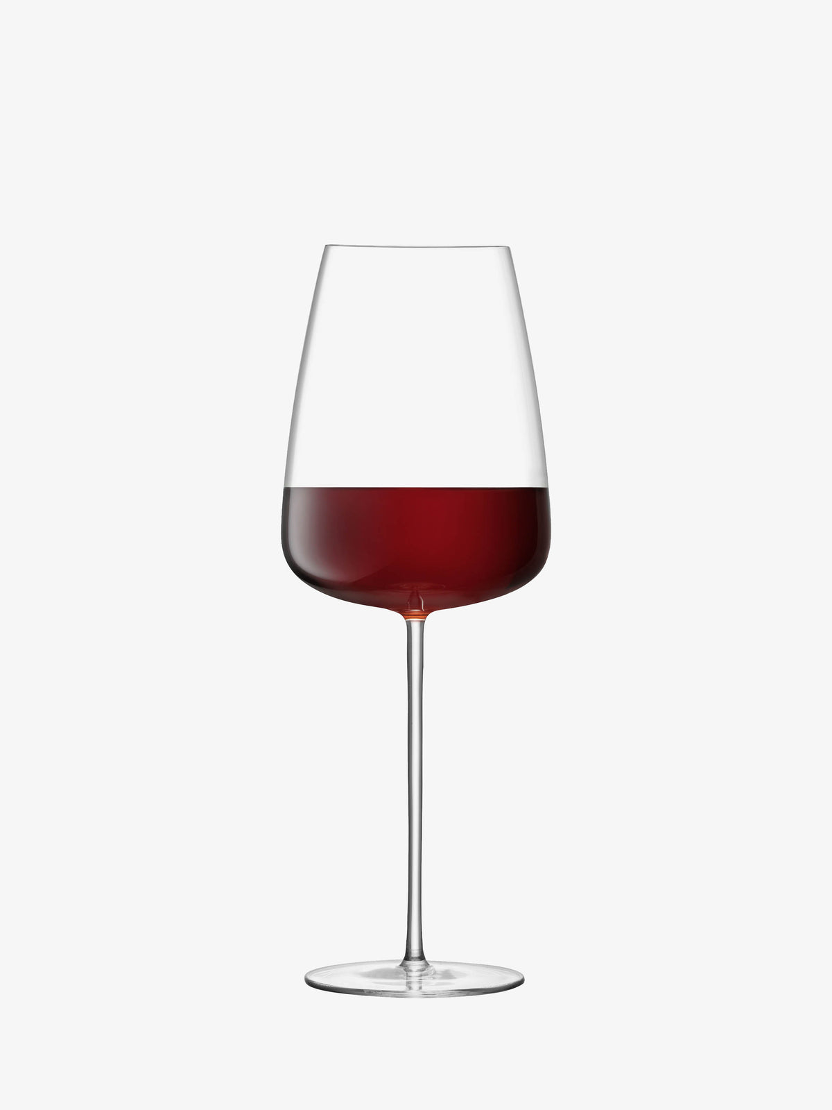The lsa-international Red Wine Grand Glass, a hand-crafted mouth blown wine glass, stands upright half-filled with red wine against a plain white background.