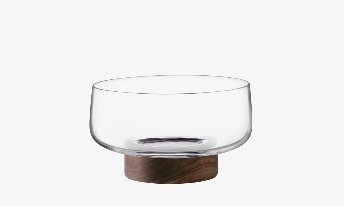 The lsa-international Bowl & Walnut Base features a clear glass bowl with a wide opening on a short, round walnut base, making an elegant serving piece on a plain white background.