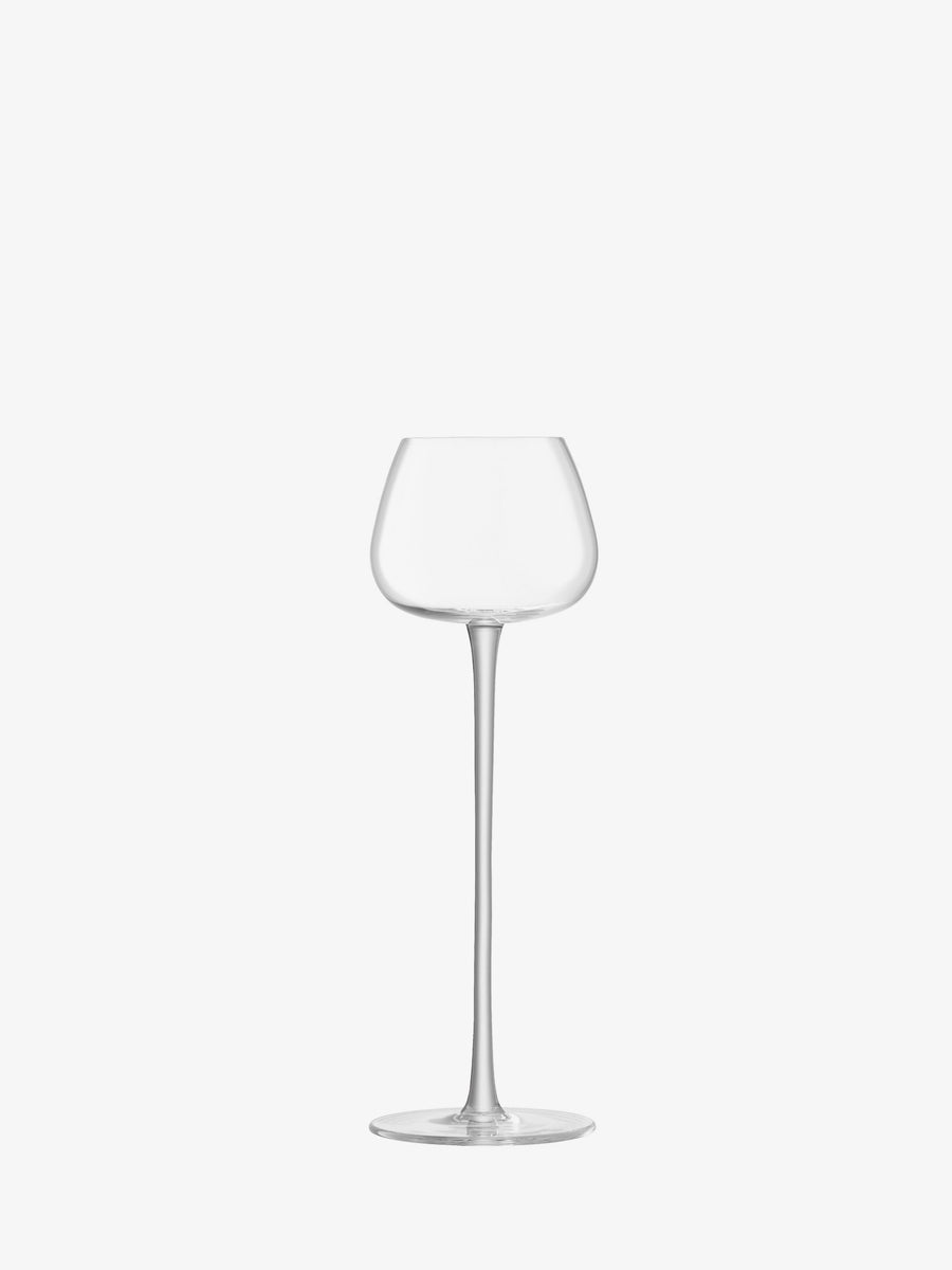A single empty Liqueur Glass by lsa-international, featuring a modern design with a tall stem and round bowl, is centered on a plain white background.