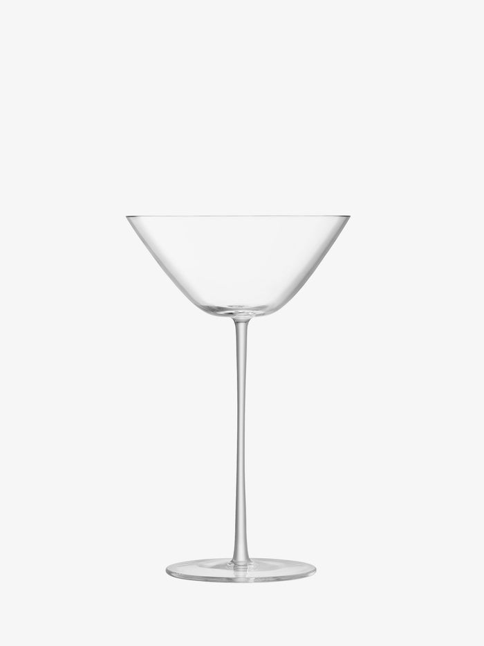 A single empty, clear Cocktail Glass by lsa-international, featuring a wide bowl and long stem, meticulously hand crafted and centered on a white background.