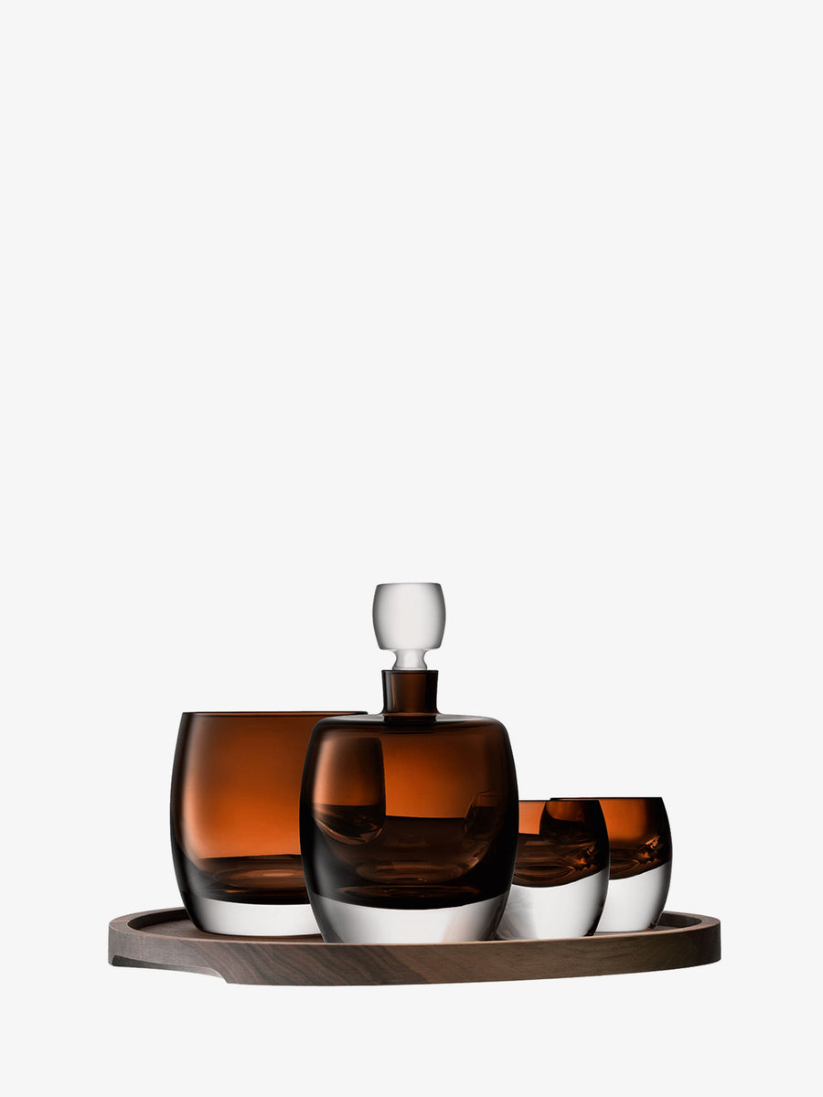 The lsa-international Connoisseur Set & Walnut/Cork Serving Tray features three brown glass tumblers and a matching decanter with a clear stopper, all beautifully displayed on a walnut tray against a white background.