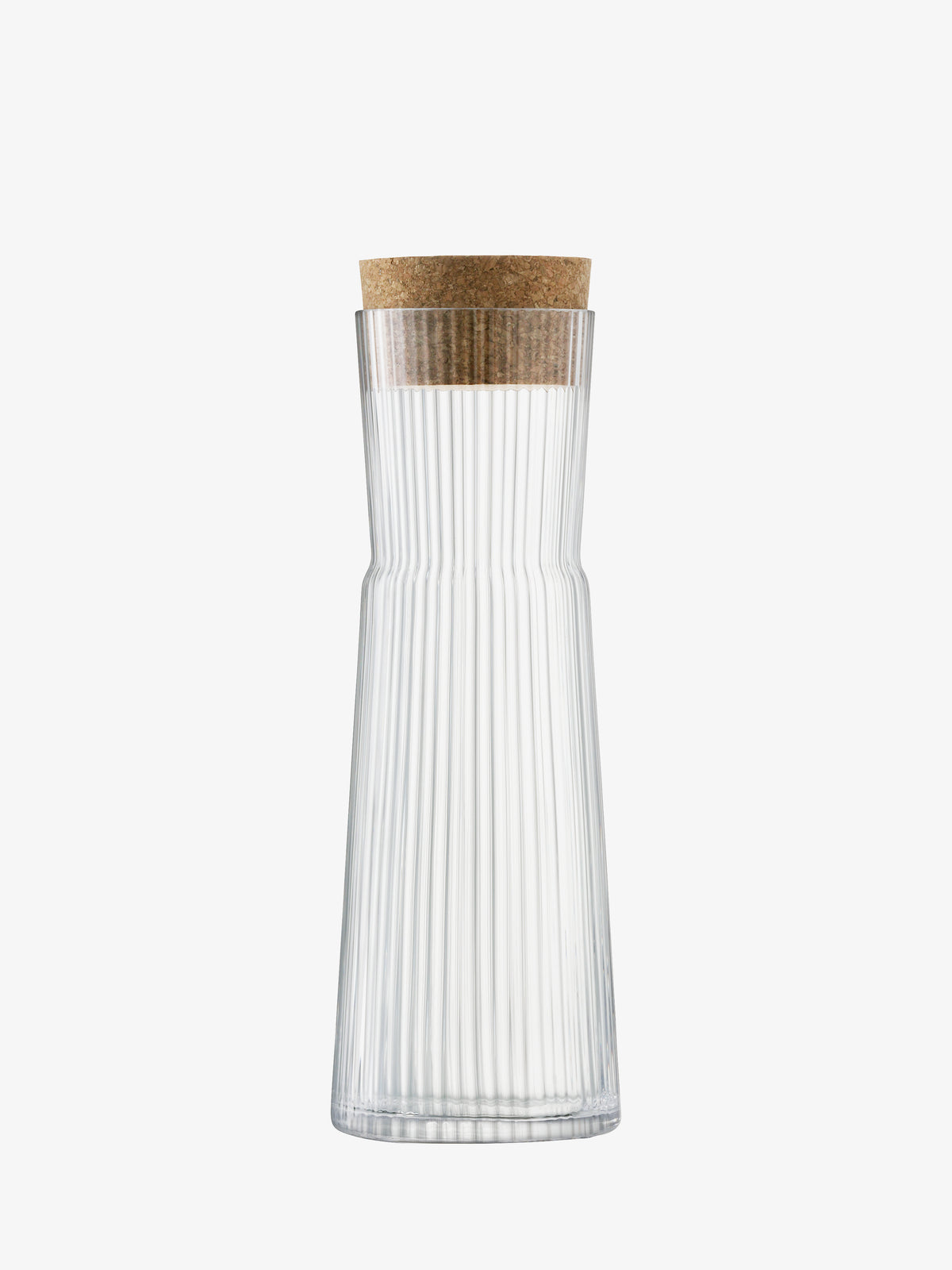 The lsa-international Carafe & Cork Stopper showcases clear glass with a fluted texture, a wide base, and a narrow neck, topped with a round natural cork stopper. The product is set against a plain white background.