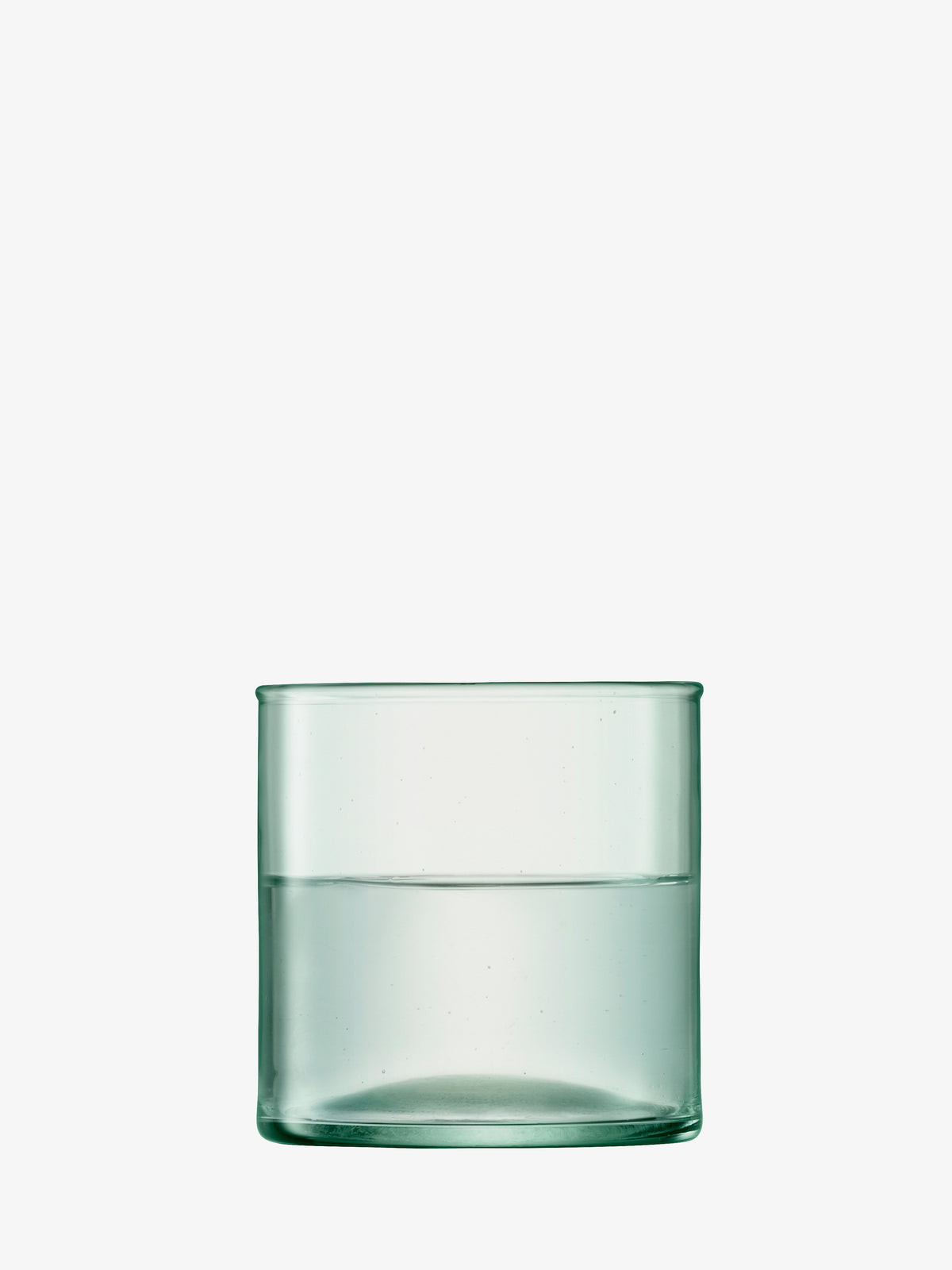 An eco-conscious, cylindrical Tumbler from lsa-international—crafted from recycled glass—is half-filled with water and displayed against a plain white background, emphasizing its sustainable design.