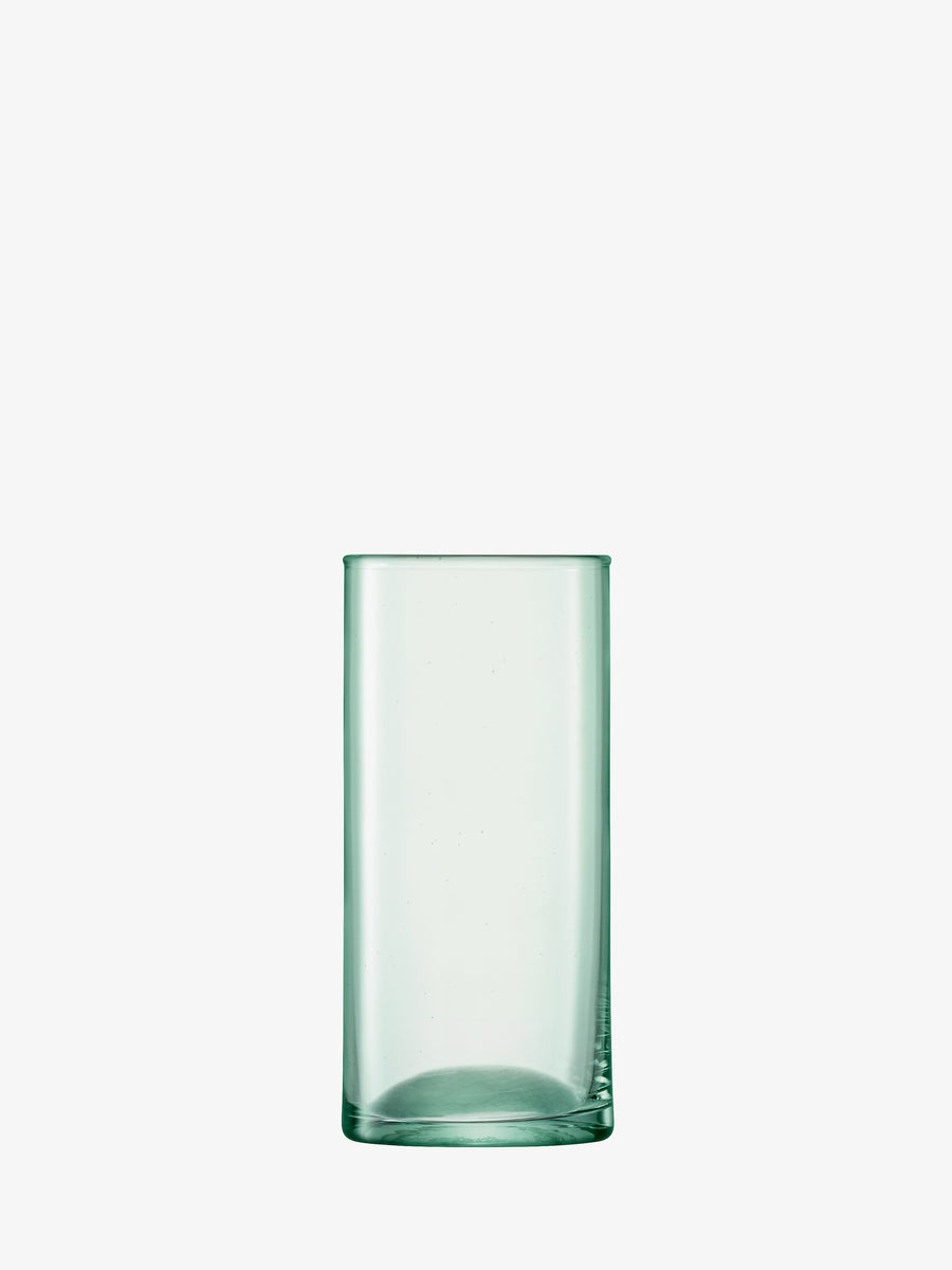 A clear, tall Highball glass tumbler with a subtle green tint from lsa-international, crafted from recycled glass, stands upright against a plain white background.