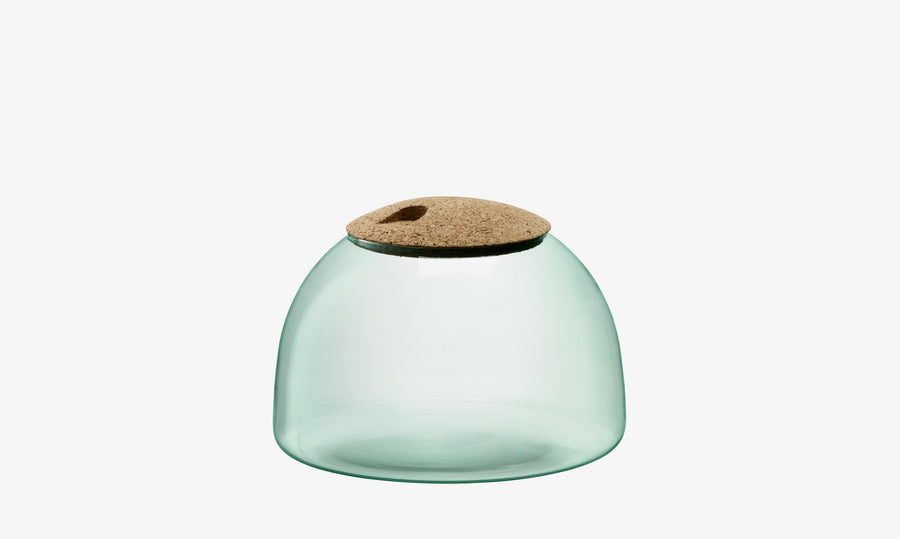 The lsa-international Closed Garden features a clear, rounded glass jar with a wide base and a cork lid with a small hole, showcased against a plain white background—an ideal recycled glass planter for cultivating your own self-sustaining ecosystem.