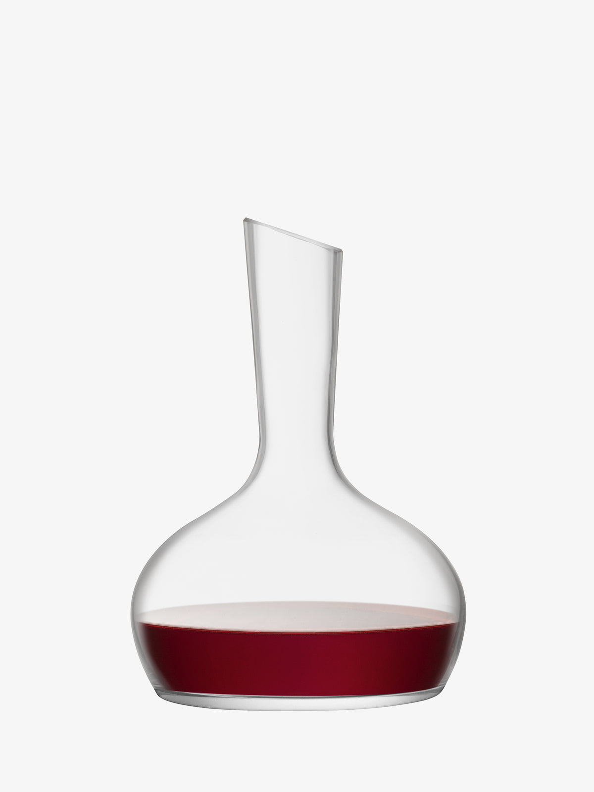 The lsa-international Wine Carafe, crafted from mouth-blown clear glass with a wide base and narrow neck, is partially filled with red wine and displayed against a plain white background.