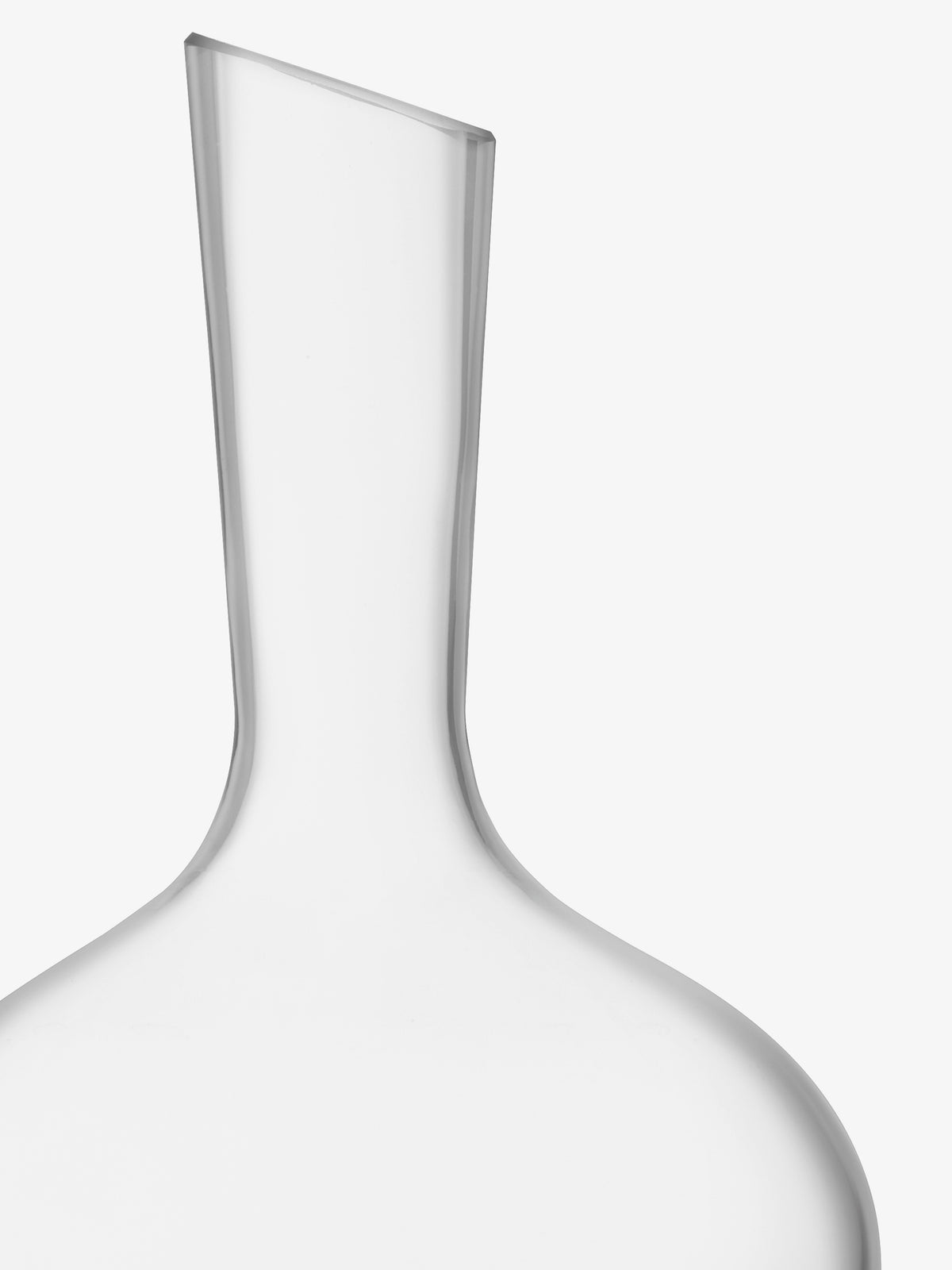 The lsa-international Wine Carafe, featuring a mouth-blown wide body, curved base, and an angled, slender neck in clear glass with a modern design, is shown against a white background.
