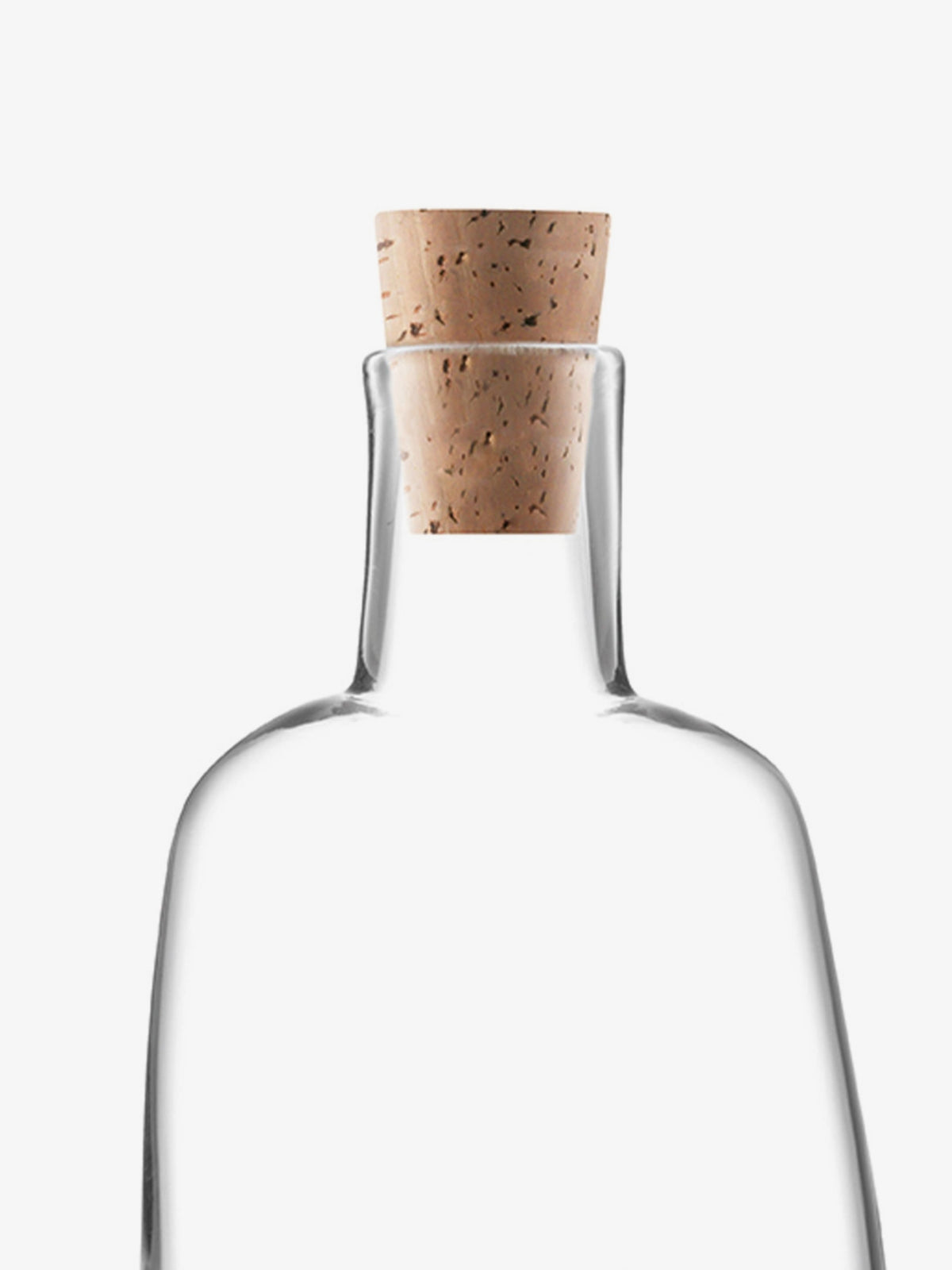 A clear glass bottle with a wide neck is sealed with a light brown cork stopper. The background is plain white, making the bottle and cork stand out clearly.