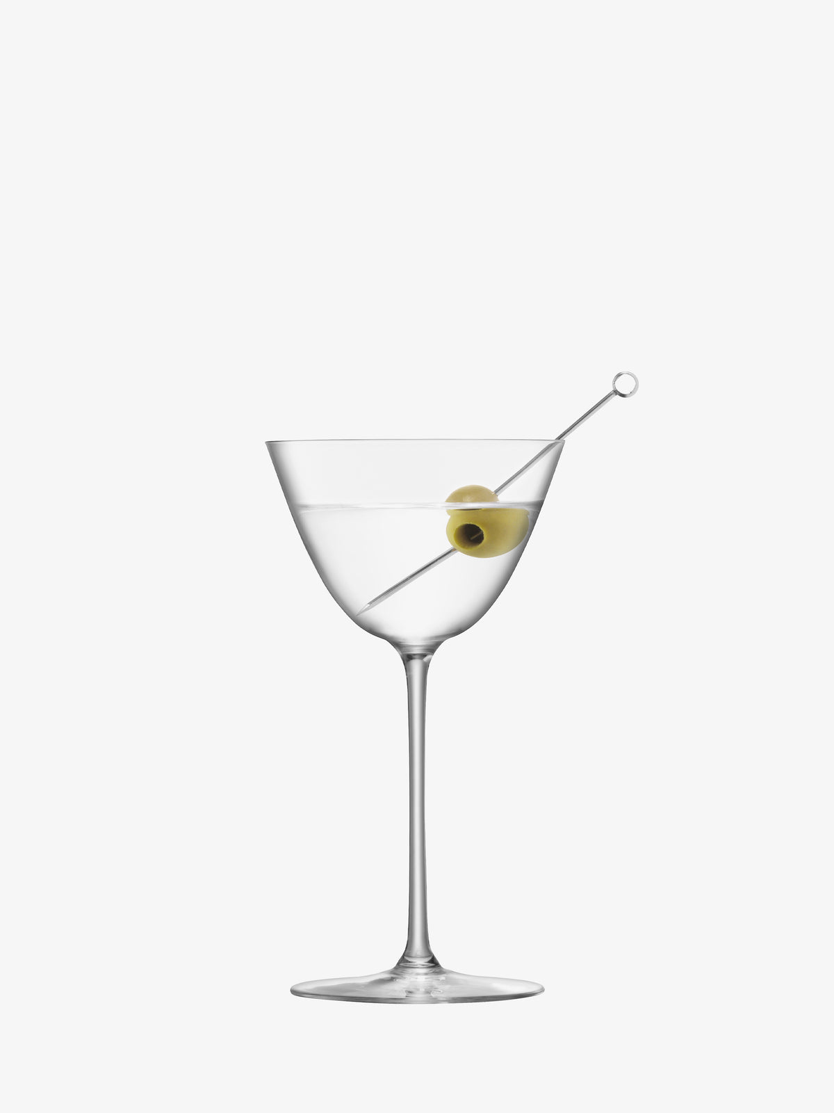 A lsa-international Martini Glass made from lead-free crystalline glass is filled with a transparent liquid, garnished with a single green olive on a cocktail pick, and set against a plain white background.